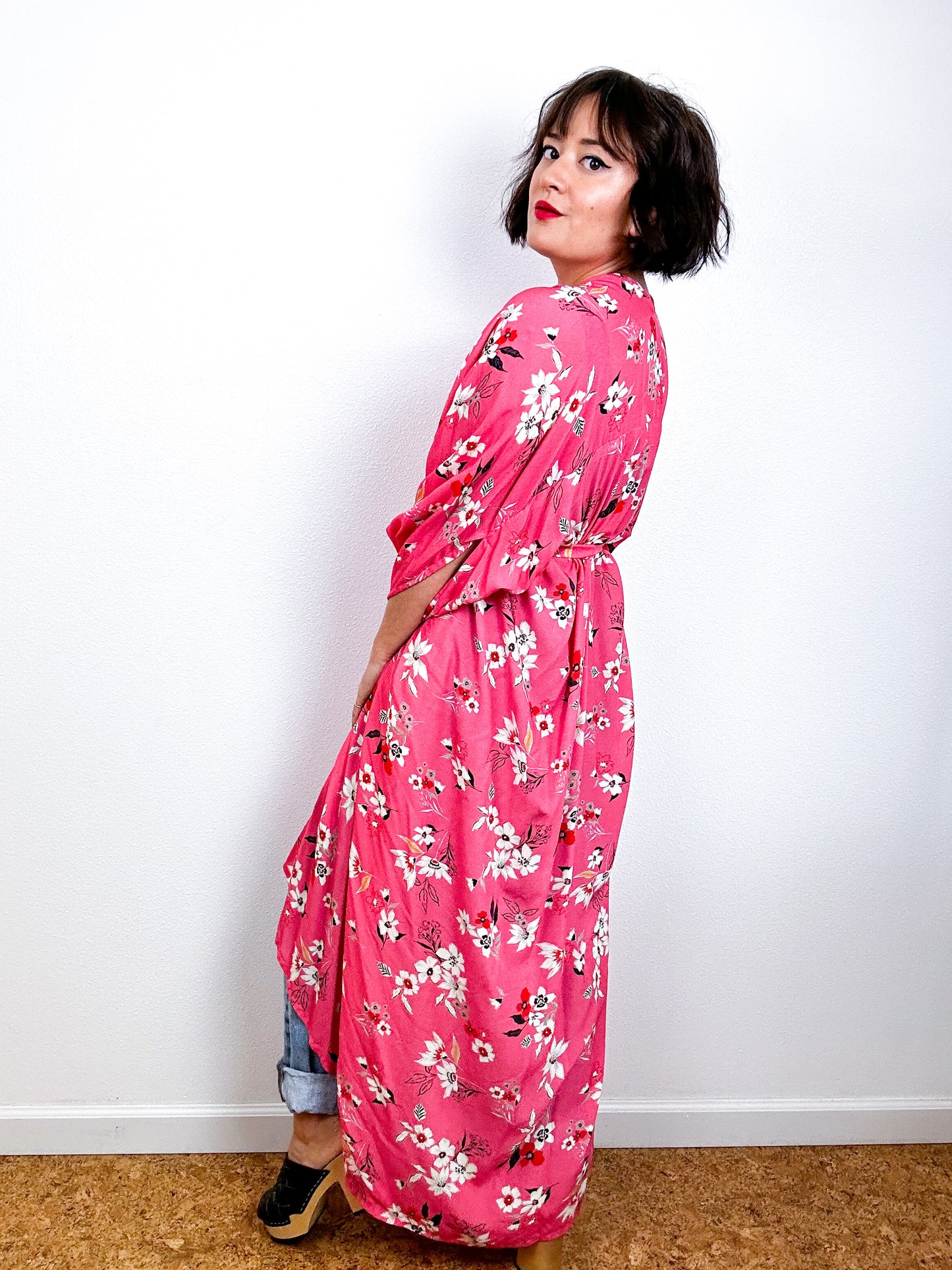 Print High Low Kimono Coral Floral Challis