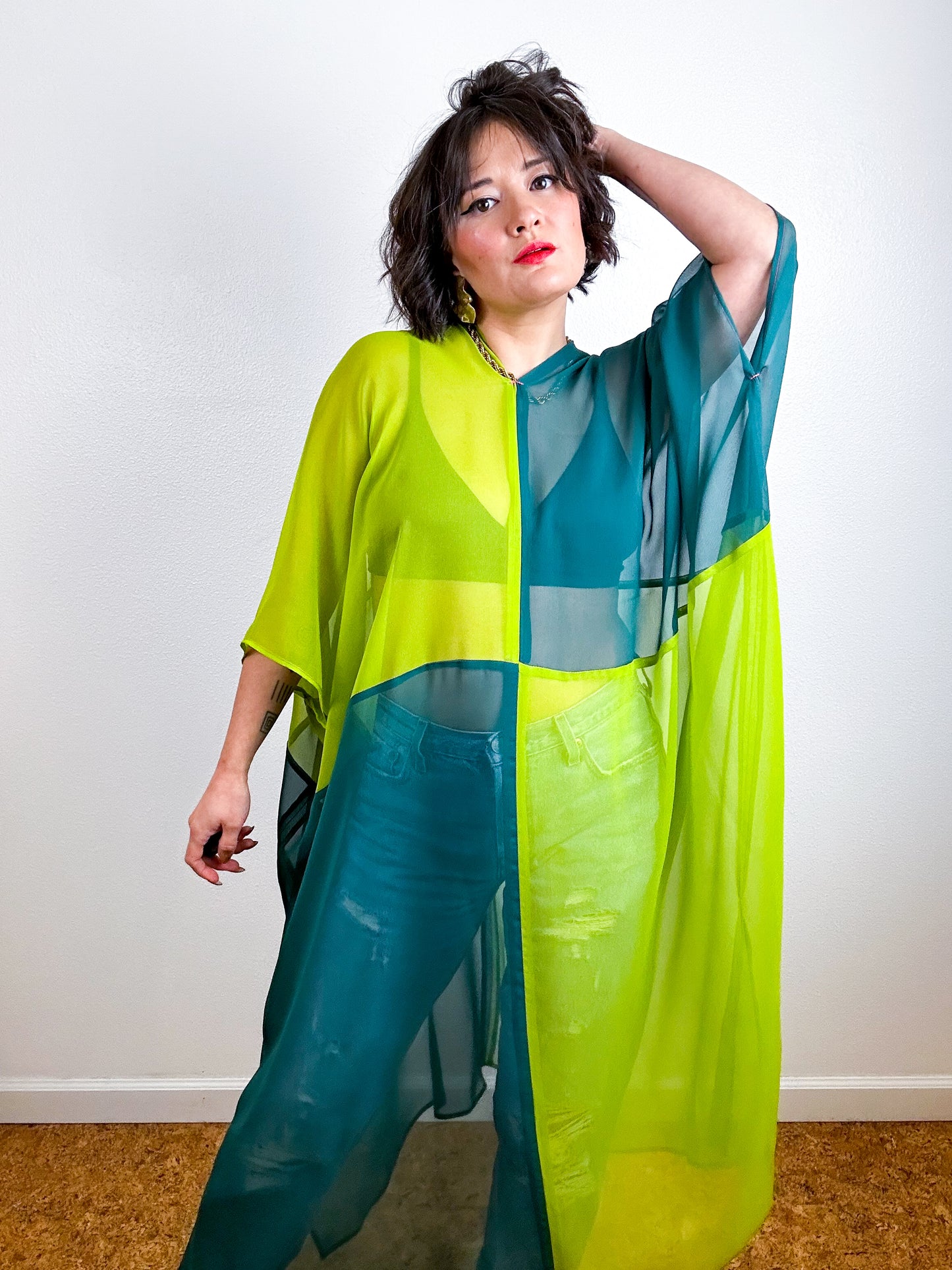 SILK Color Block Midi Caftan Dress Chartreuse Teal