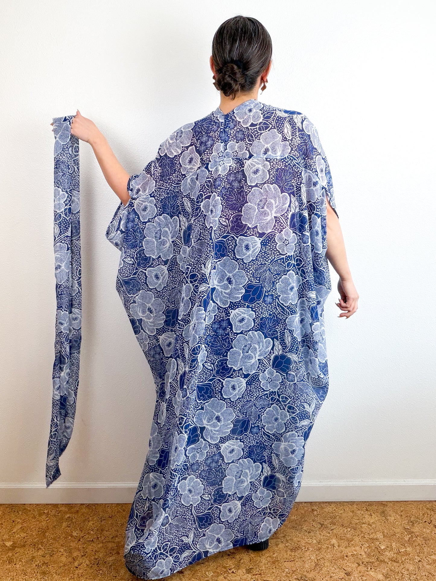 Print High Low Kimono Navy Floral Chiffon