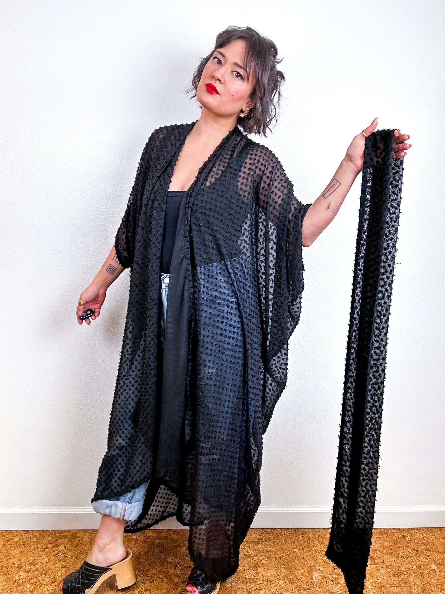 Solid High Low Kimono Black Boucle Dot Chiffon