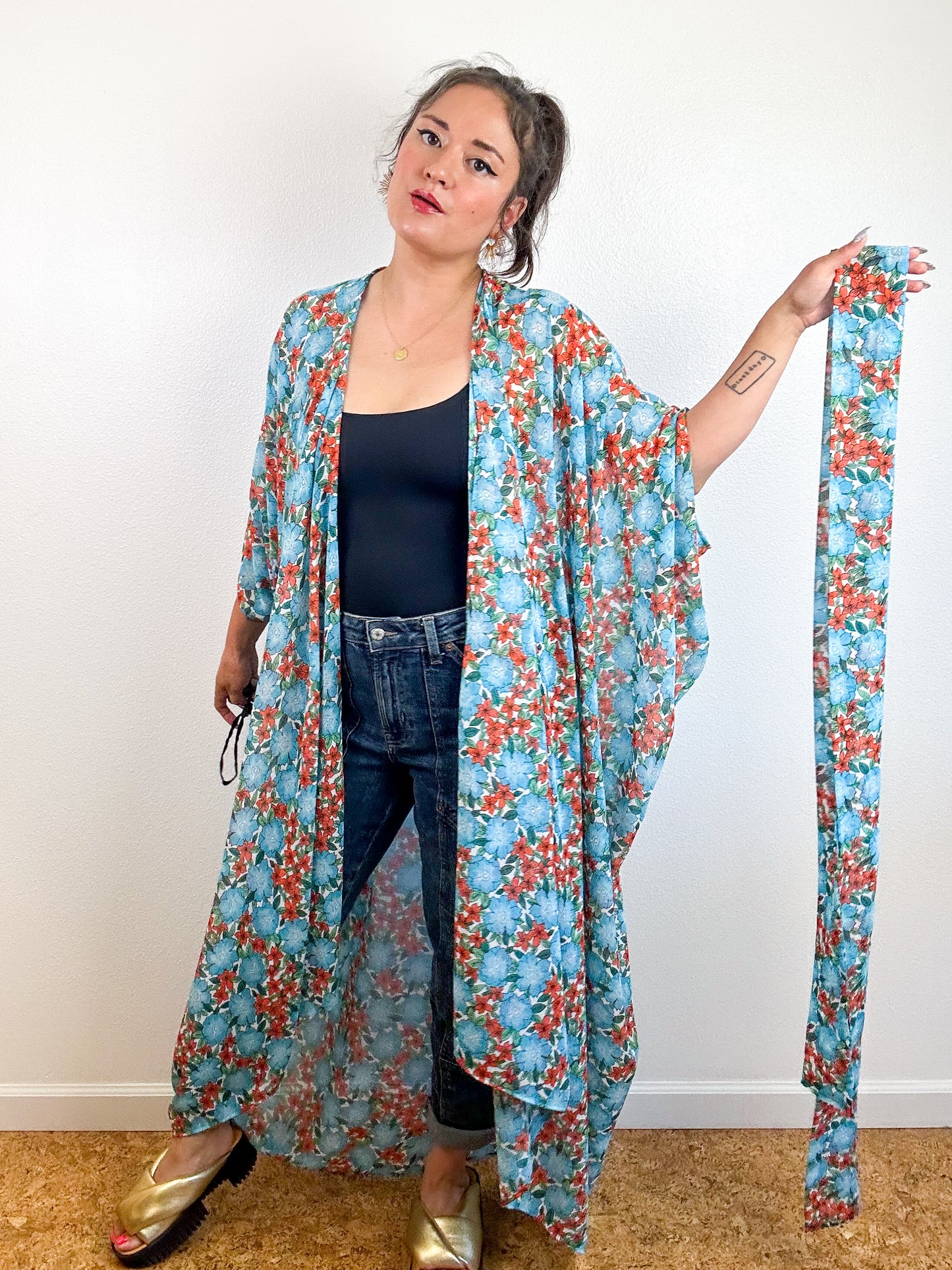 Print High Low Kimono Turquoise Floral Chiffon