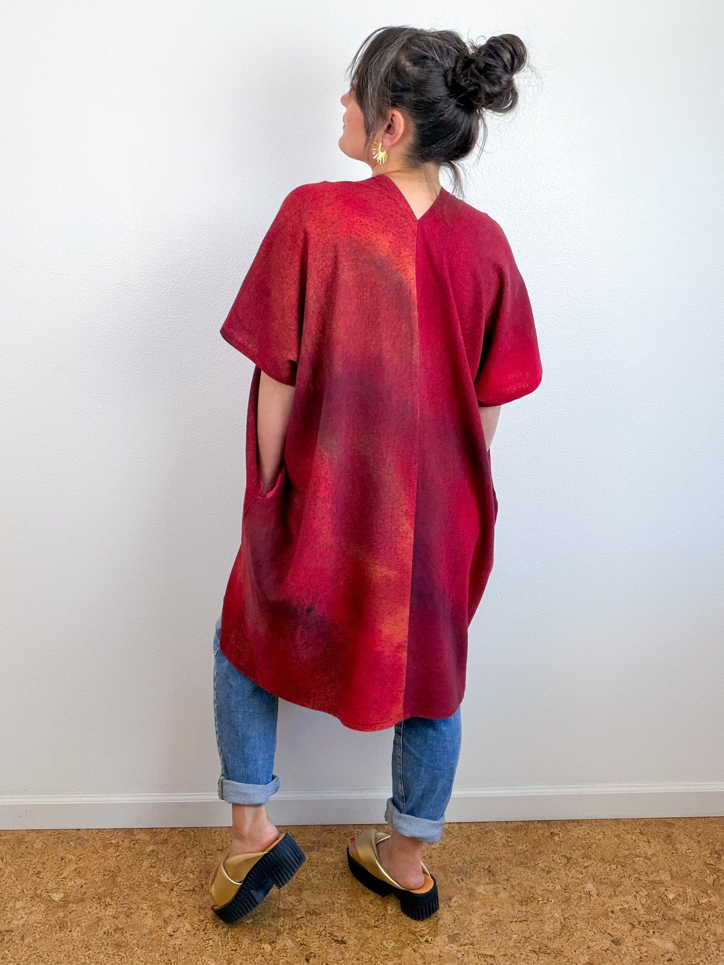 Hand-Dyed Linen Blend Caftan Dress Crimson Fuchsia Maroon Gradient