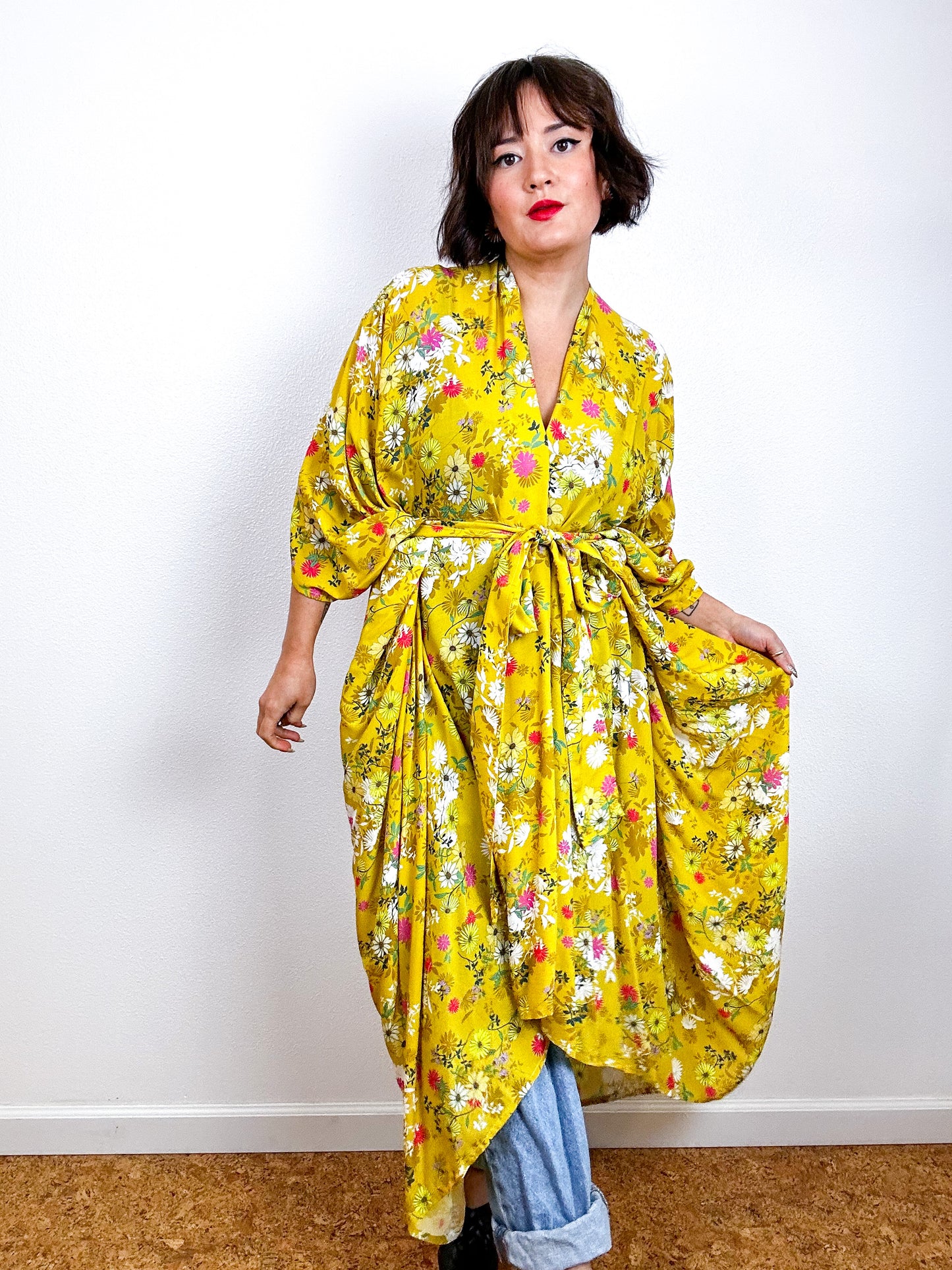 Print High Low Kimono Yellow Wildflower Challis