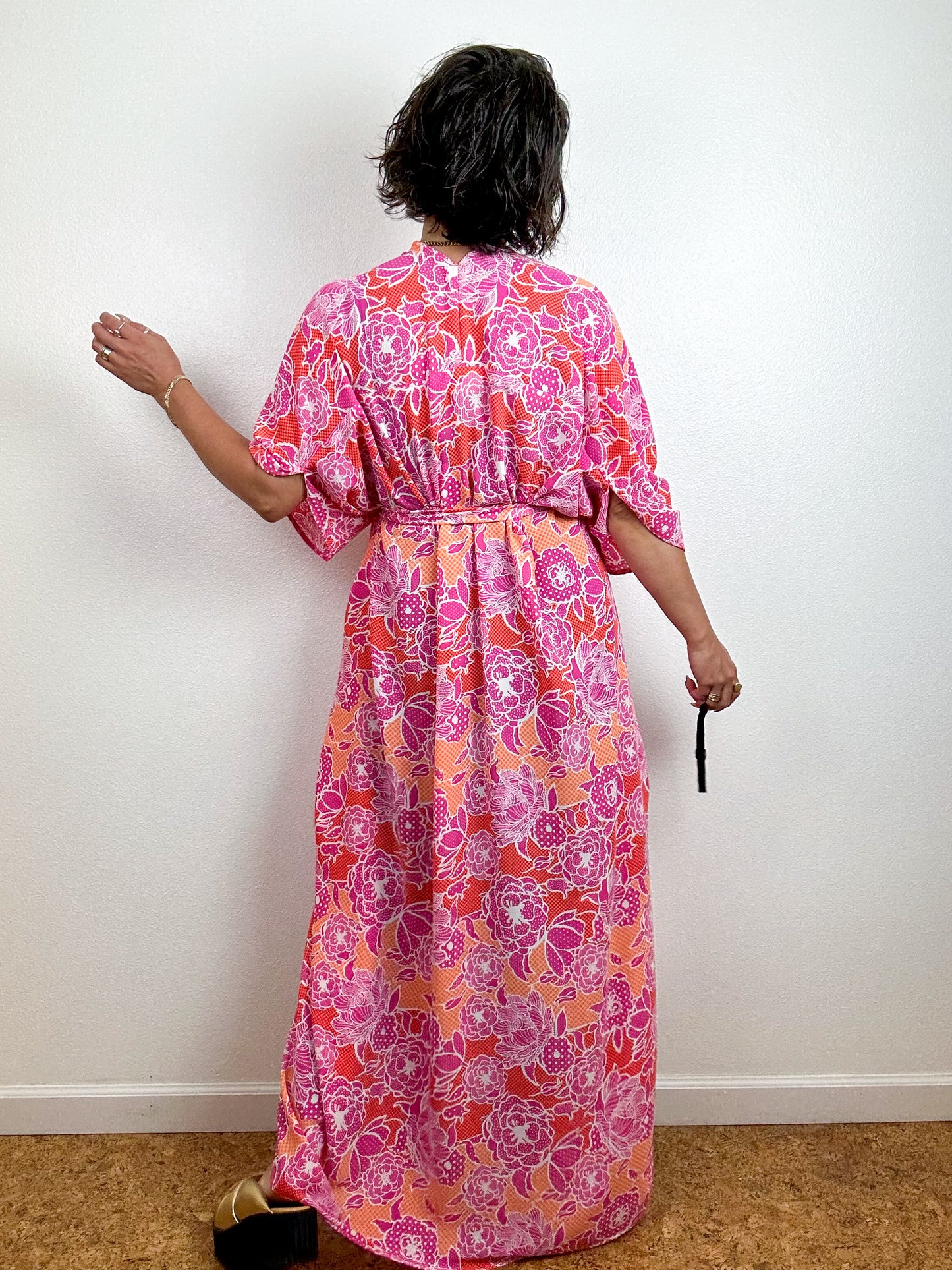 High Low Kimono Pink Orange Floral Dots Bubble Crepe