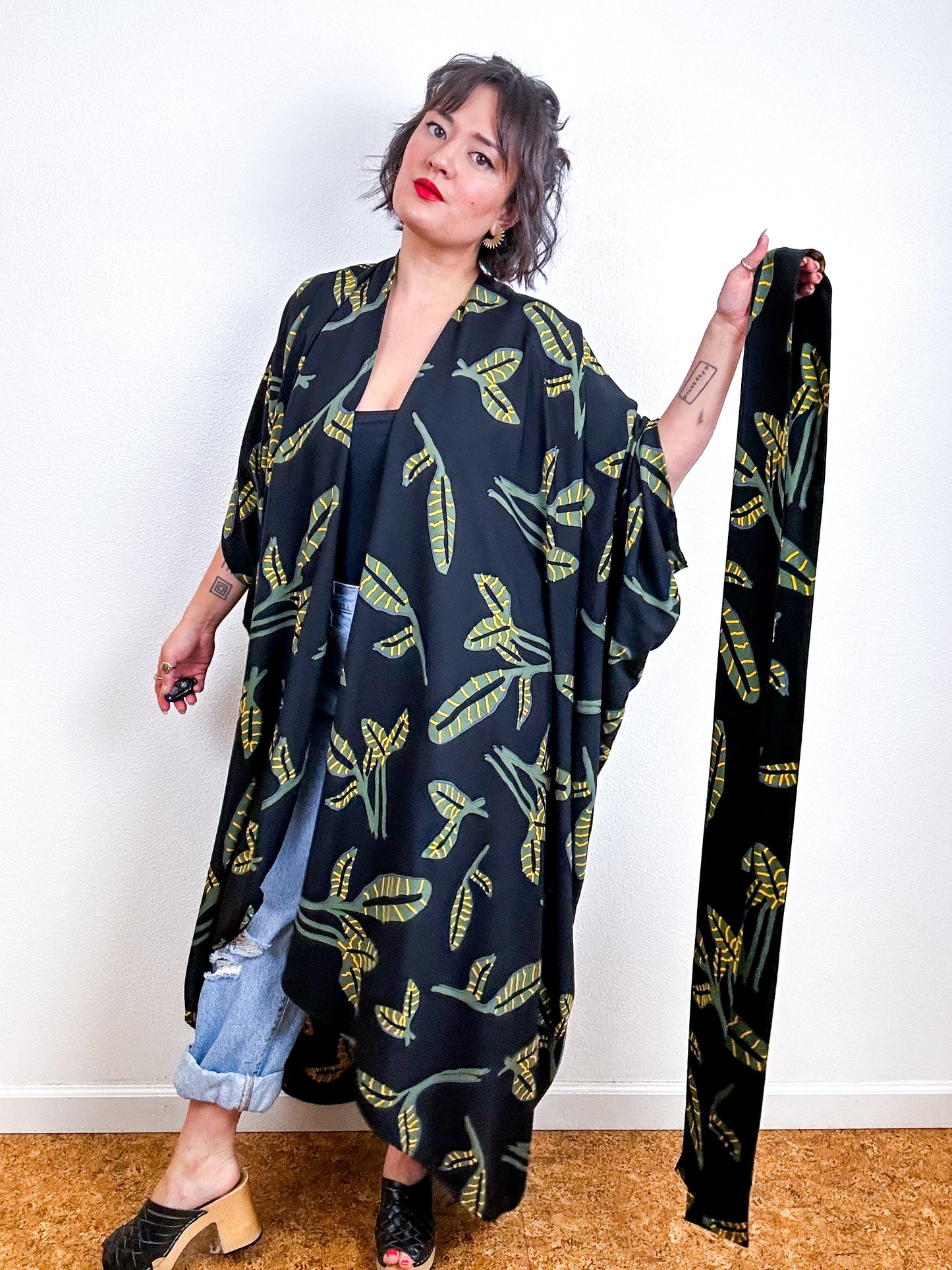 Print High Low Kimono Black Leaf Challis