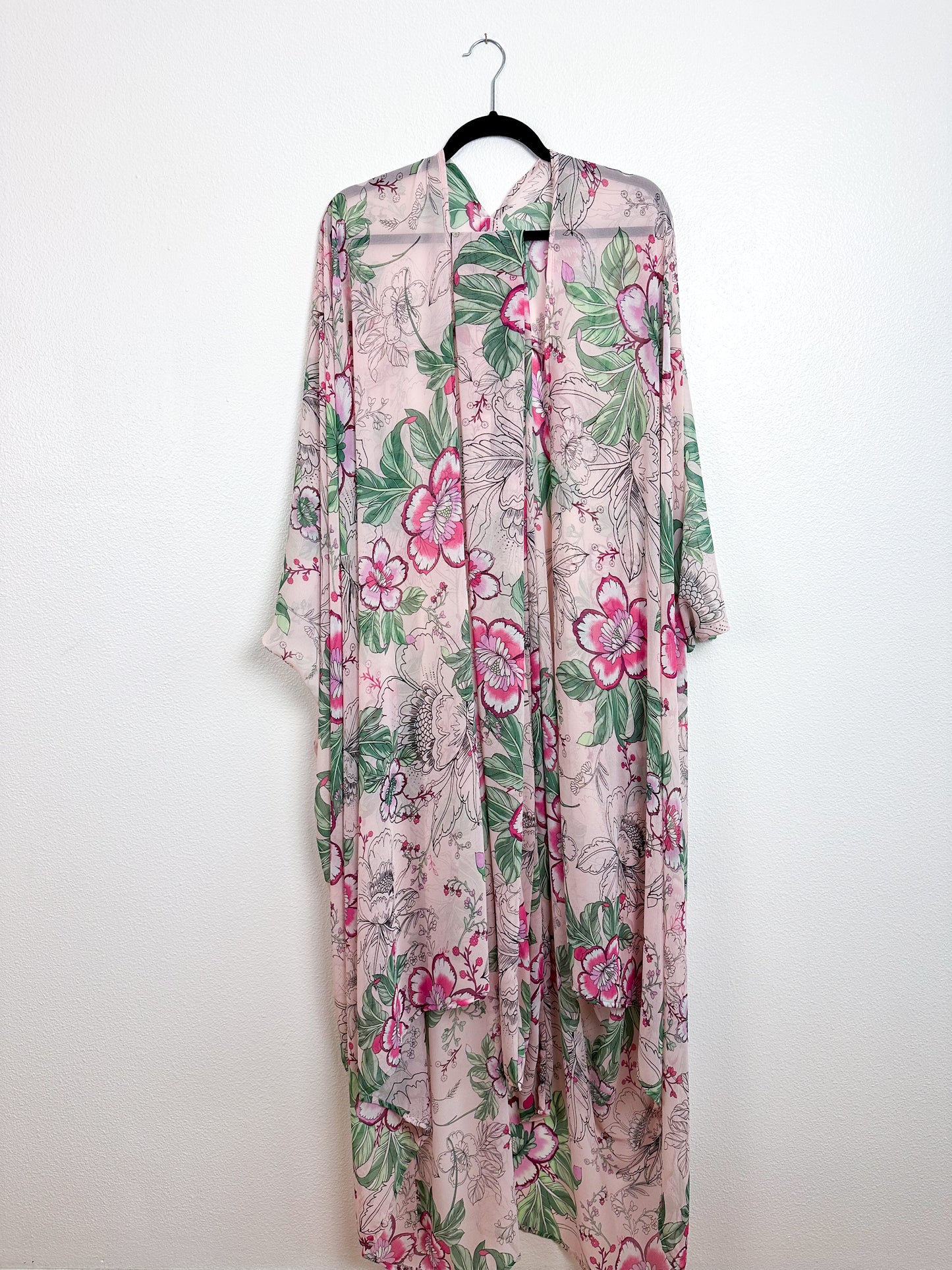 Print High Low Kimono Blush Green Chrysanthemum Chiffon