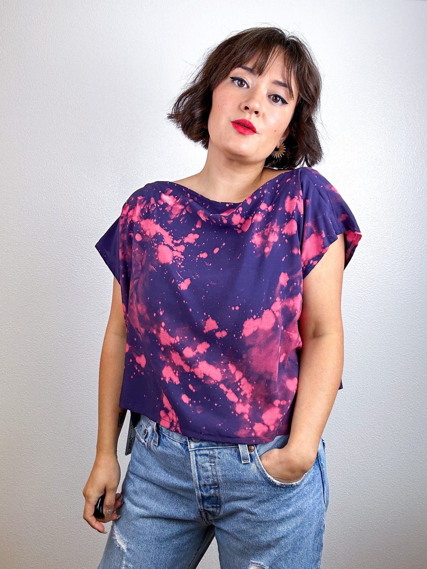 Bleach Speckle Crop Rayon Navy Peach