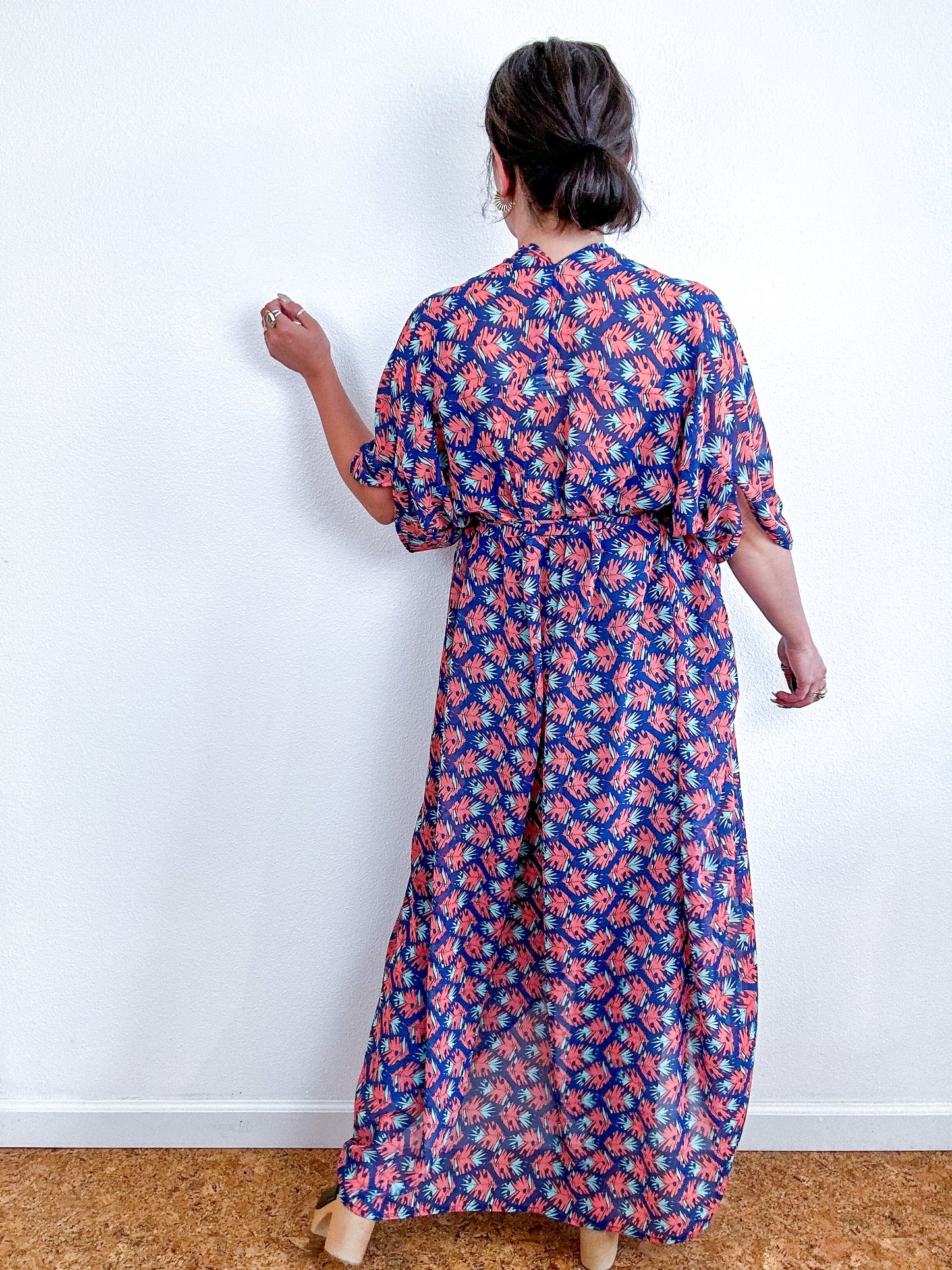 Print High Low Kimono Blue Scarlet Feather Chiffon