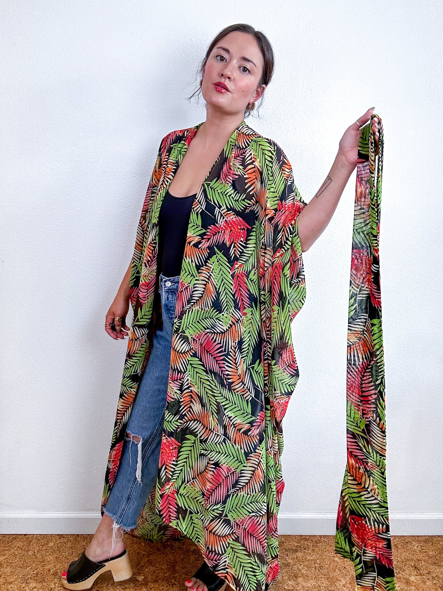 Print High Low Kimono Green Orange Palm Chiffon