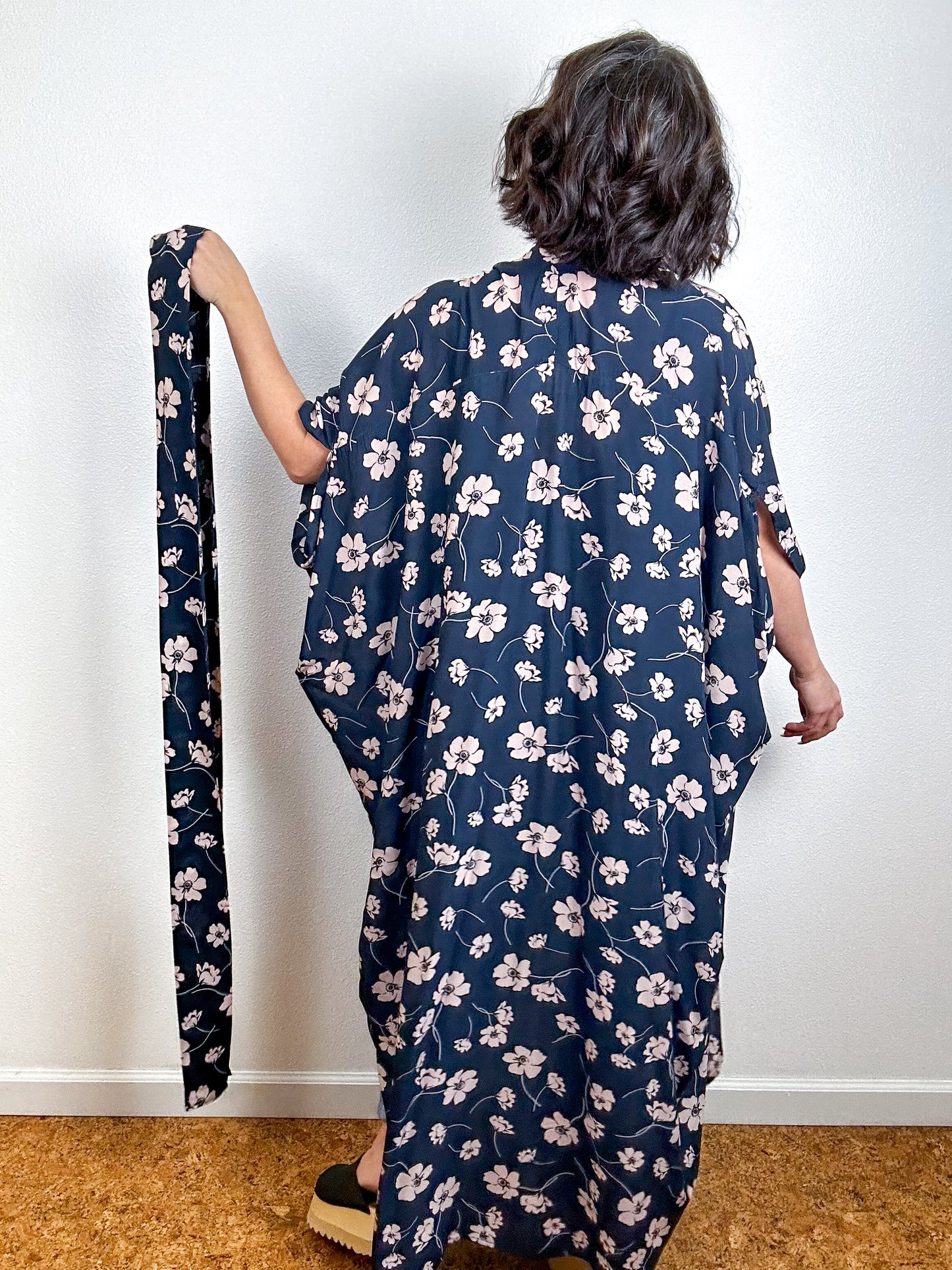 Print High Low Kimono Navy Blush Floral Challis