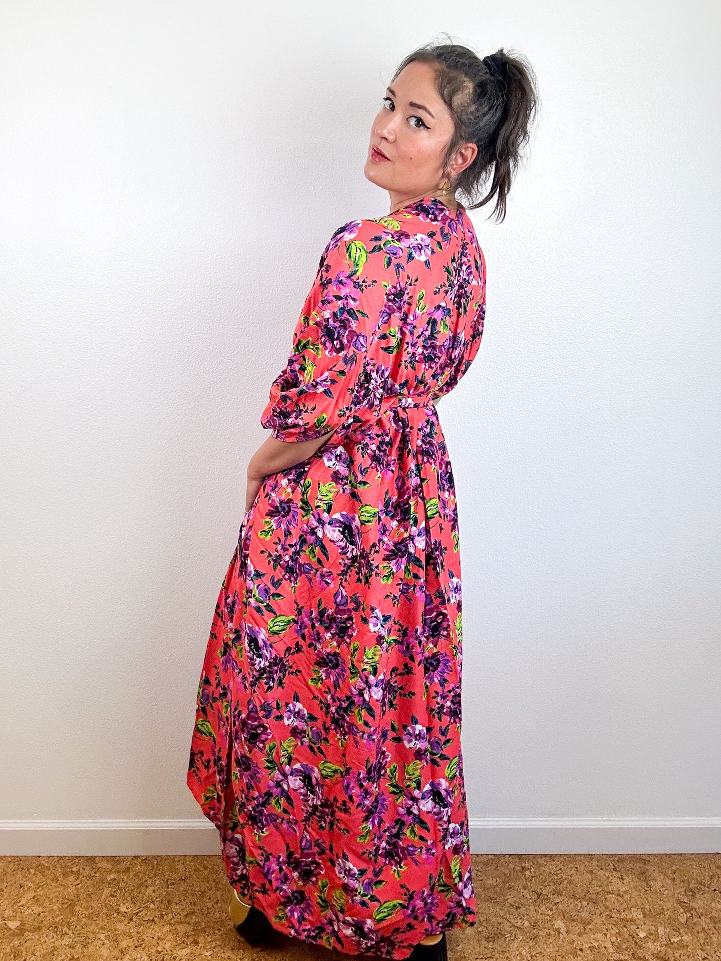 Print High Low Kimono Bright Coral Floral Challis