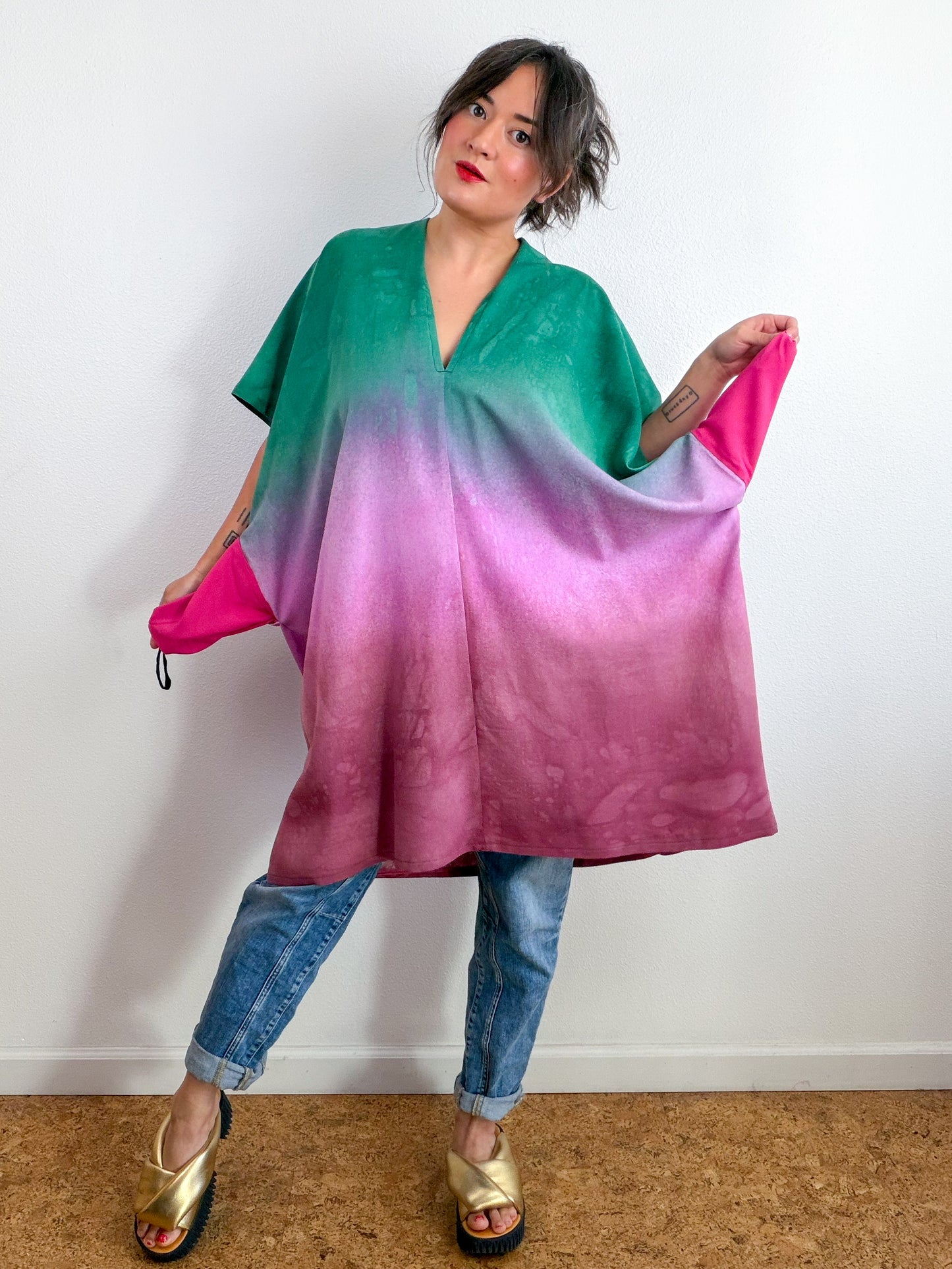 Hand-Dyed Linen Blend Caftan Dress Forest Peony Madrone Gradient