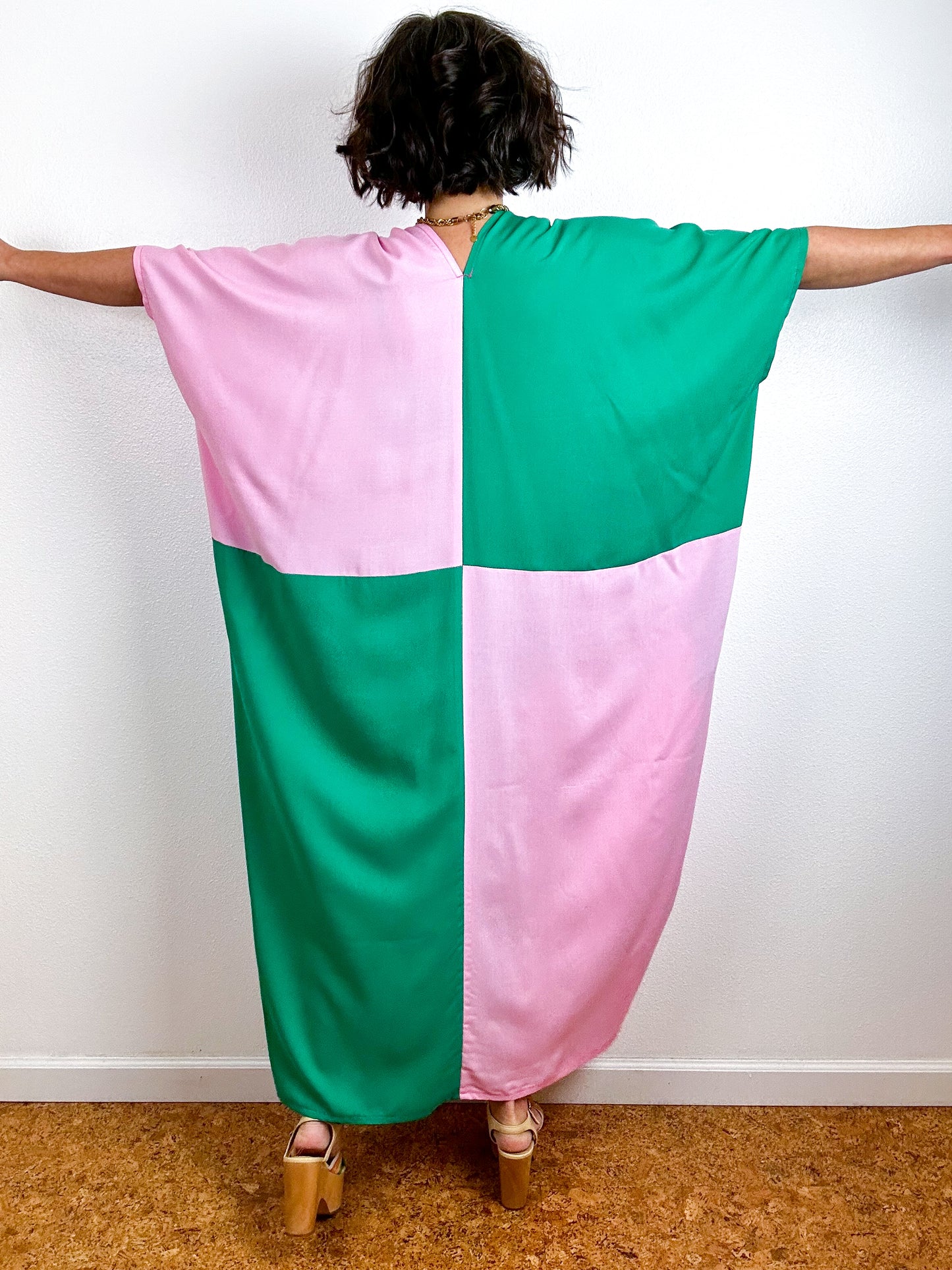 Color Block Midi Caftan Dress Emerald Pink