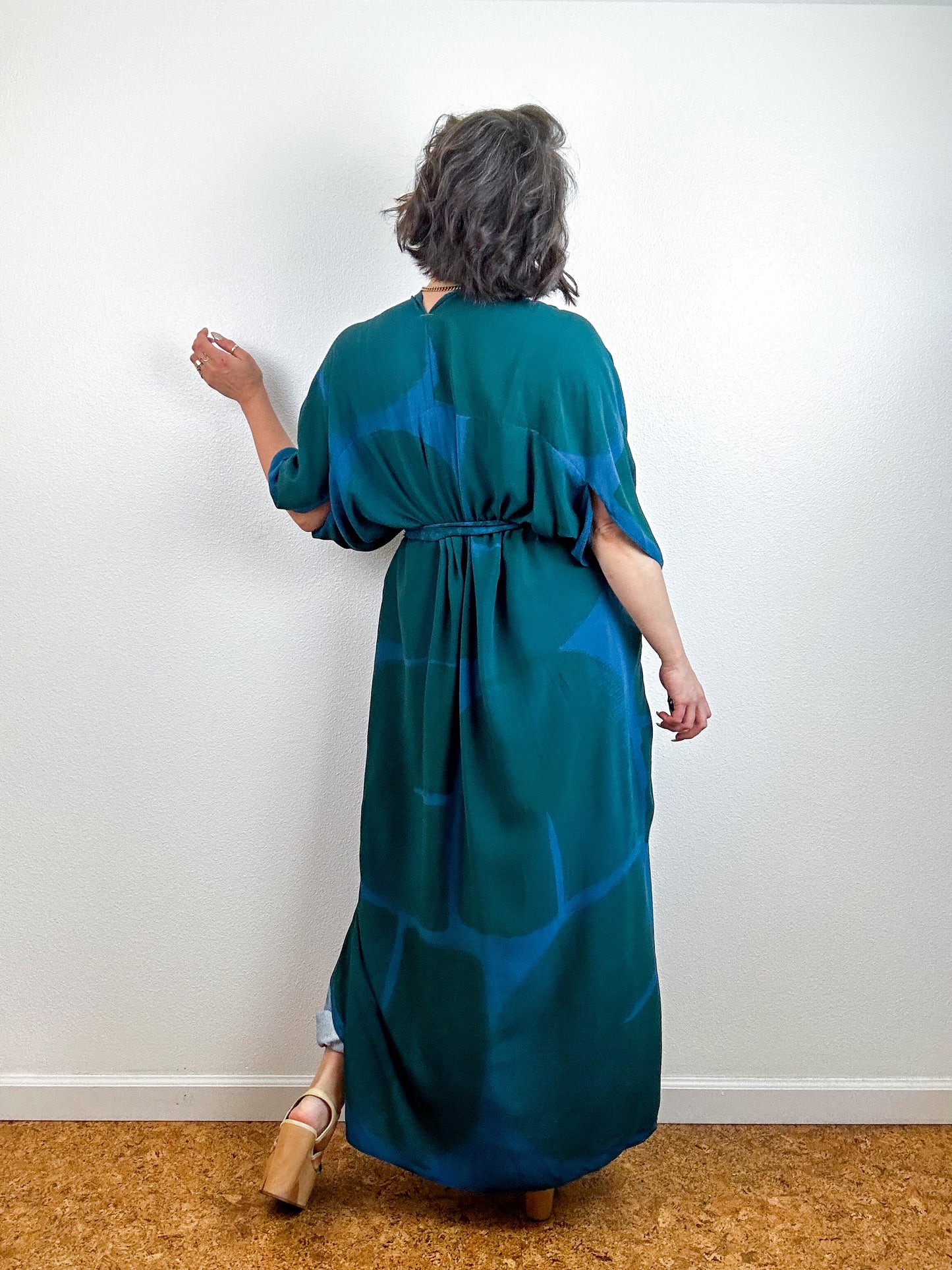 Hand-Dyed High Low Kimono Turquoise Green Arc