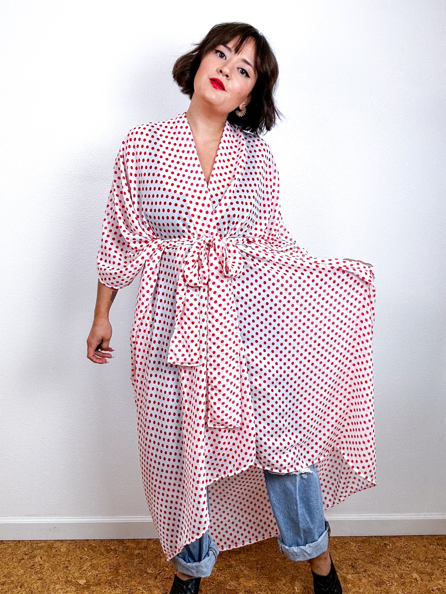 Print High Low Kimono Red Dots Chiffon