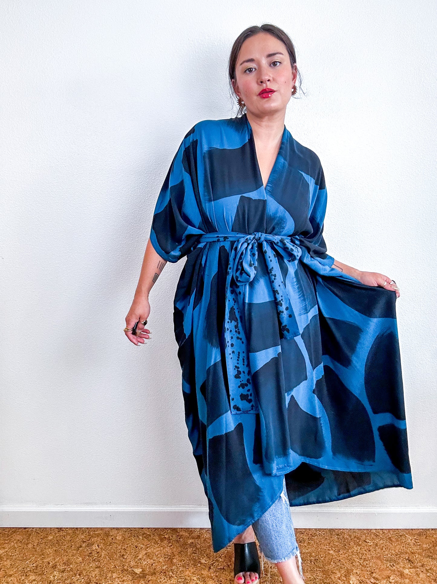 Hand-Dyed High Low Kimono Teal Black Brush