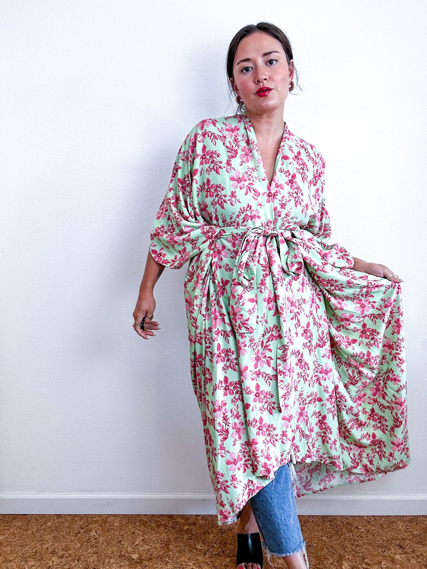 Print High Low Kimono Mint Pink Floral Challis