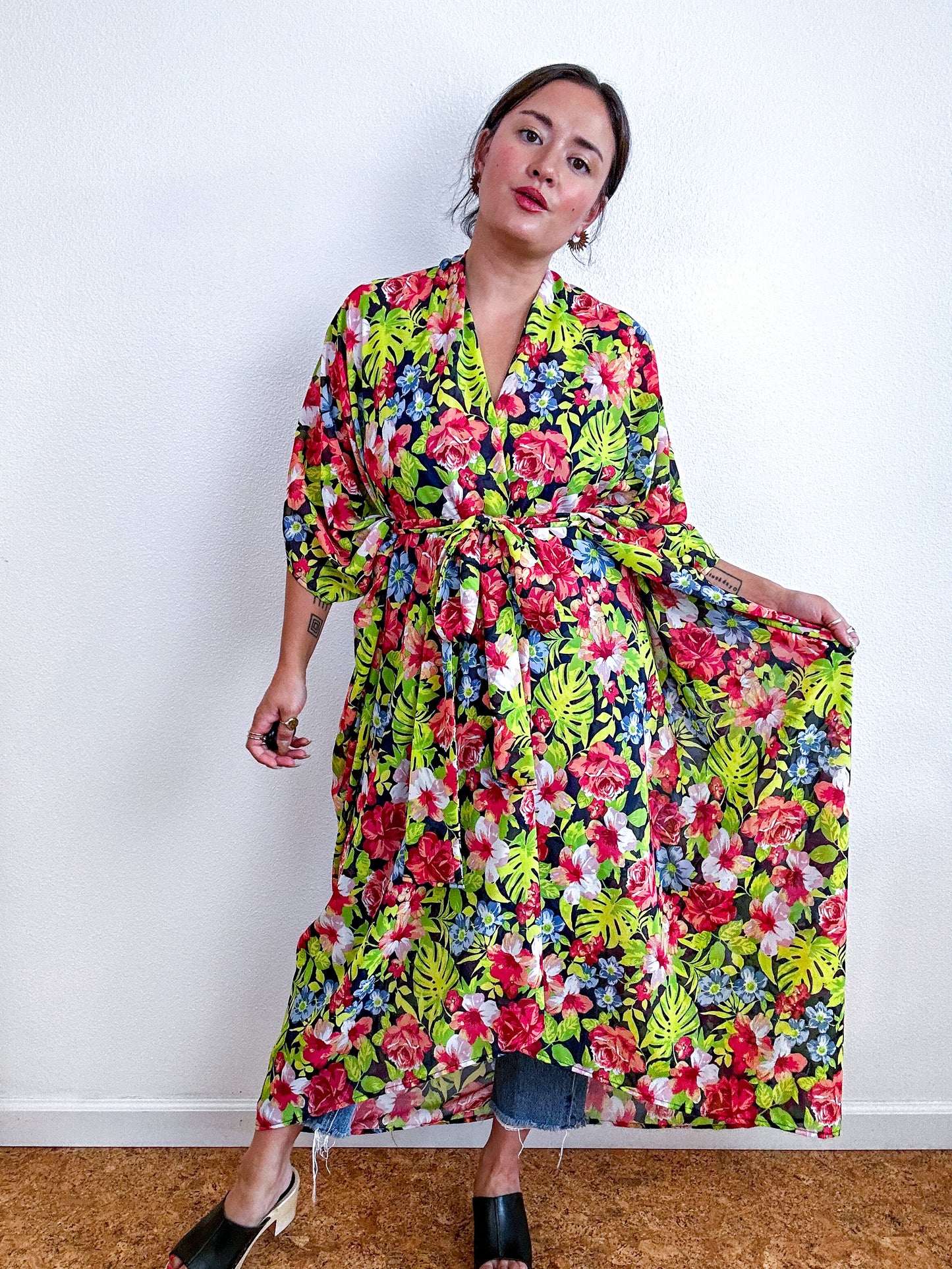 Print High Low Kimono Black Tropical Floral Chiffon