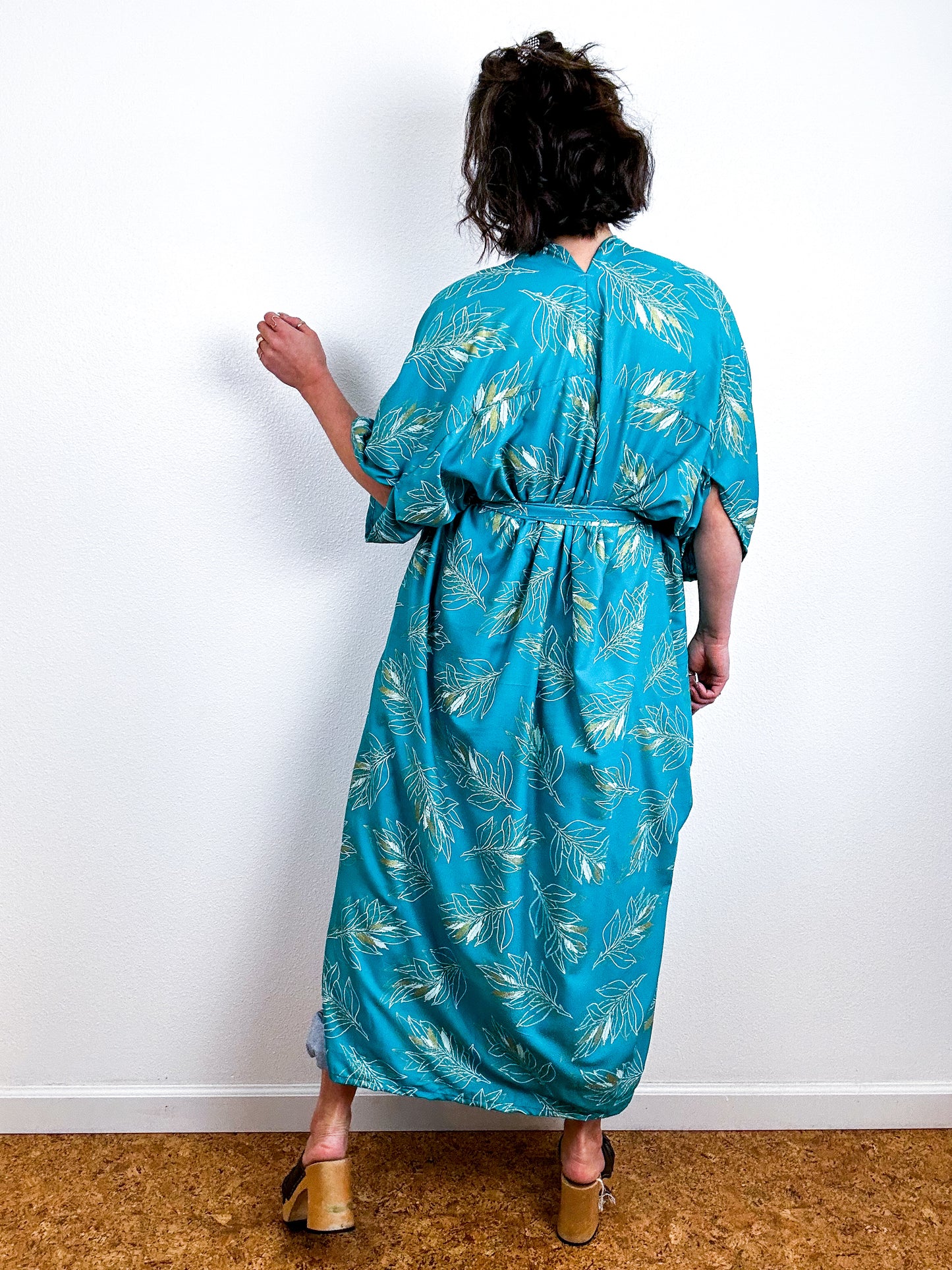 Print High Low Kimono Teal Gold Leaf Challis
