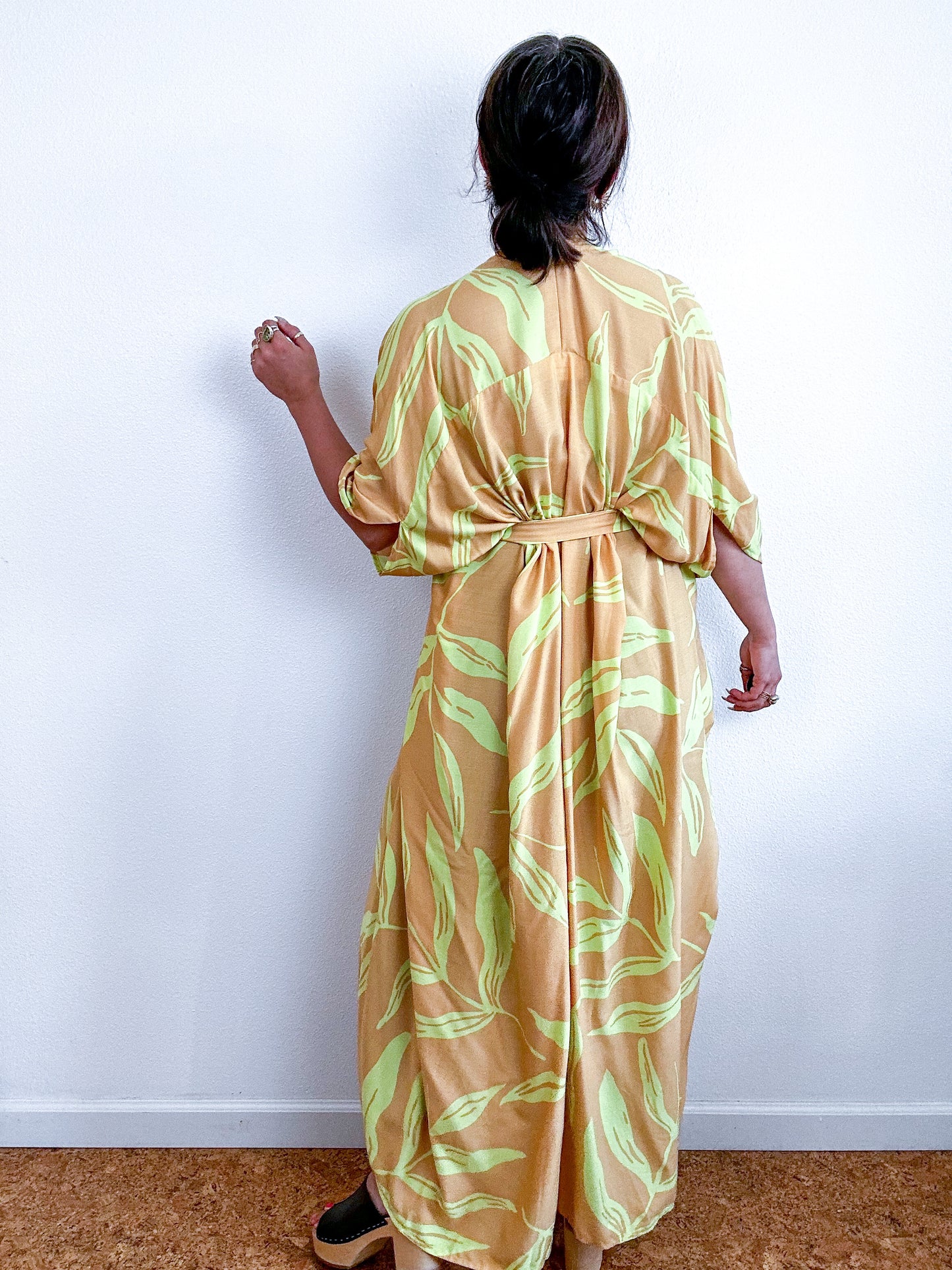 Print High Low Kimono Citron Leaves Challis