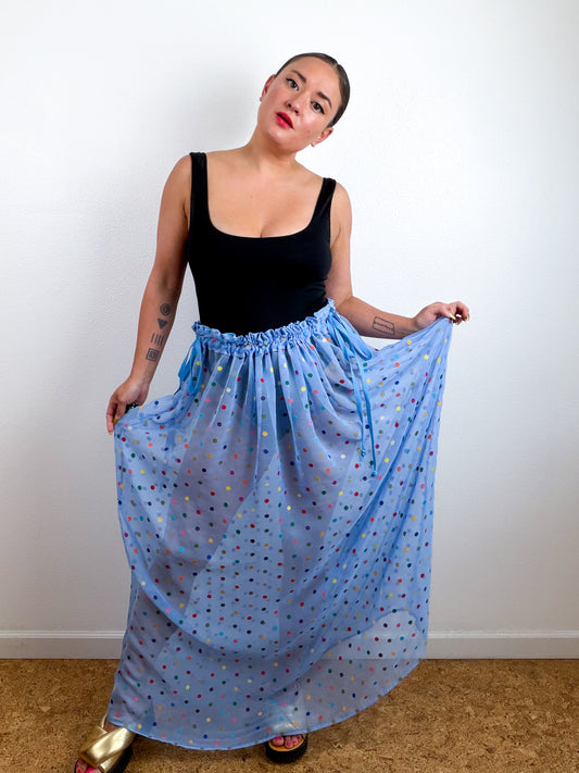 THE SKIRT Blue Rainbow Dots Silk Chiffon