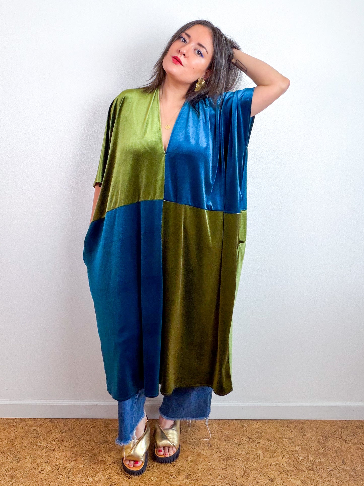 Velvet Caftan Dress Teal Olive Color Block