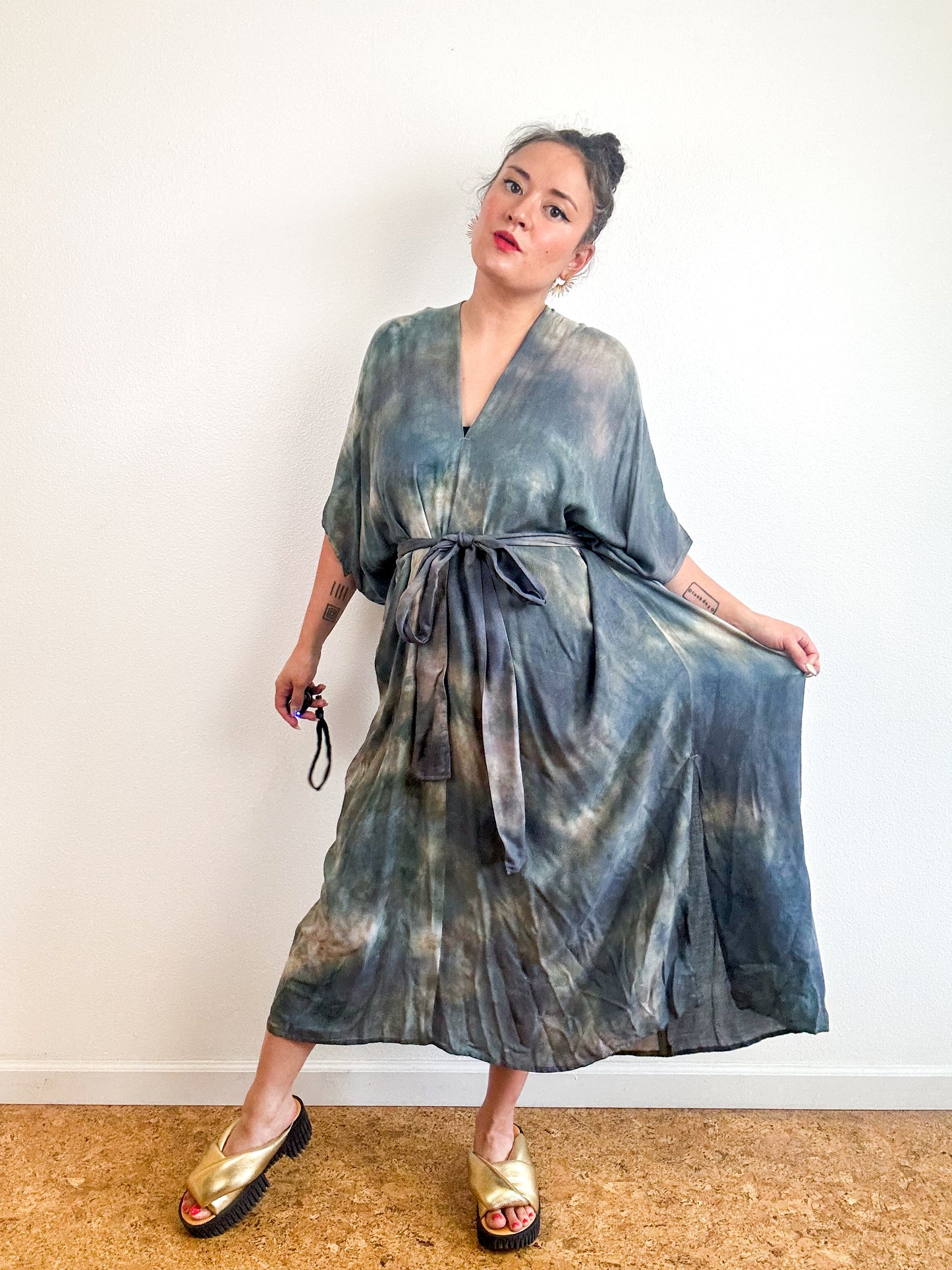 Hand-Dyed Bamboo Tie Caftan Steel Sage Watercolor