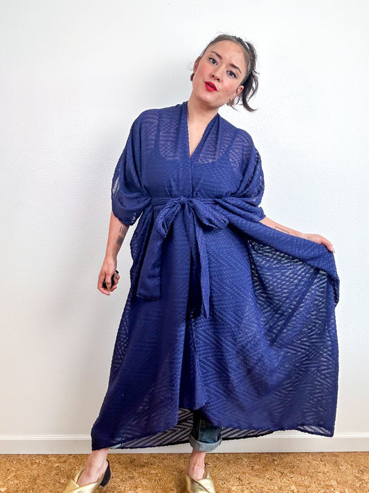 Print High Low Kimono Navy Flocked Chevron Chiffon