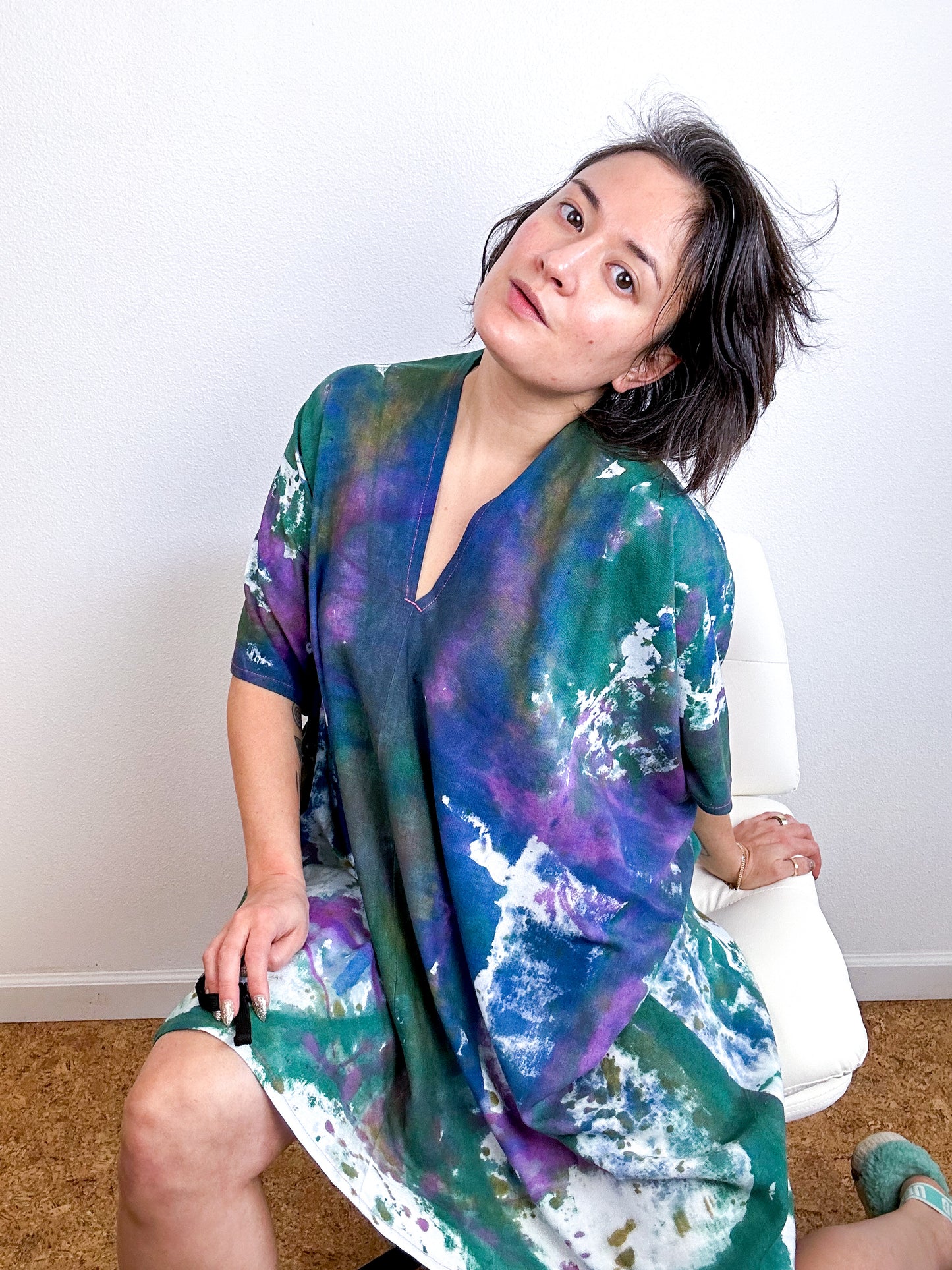 Oversized Hand-Dyed Linen Blend Smock Dress Watercolor Rabanal