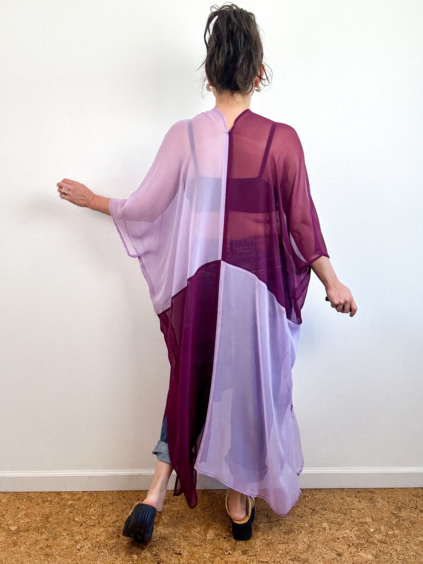 SILK Color Block Midi Caftan Dress Lavender Maroon