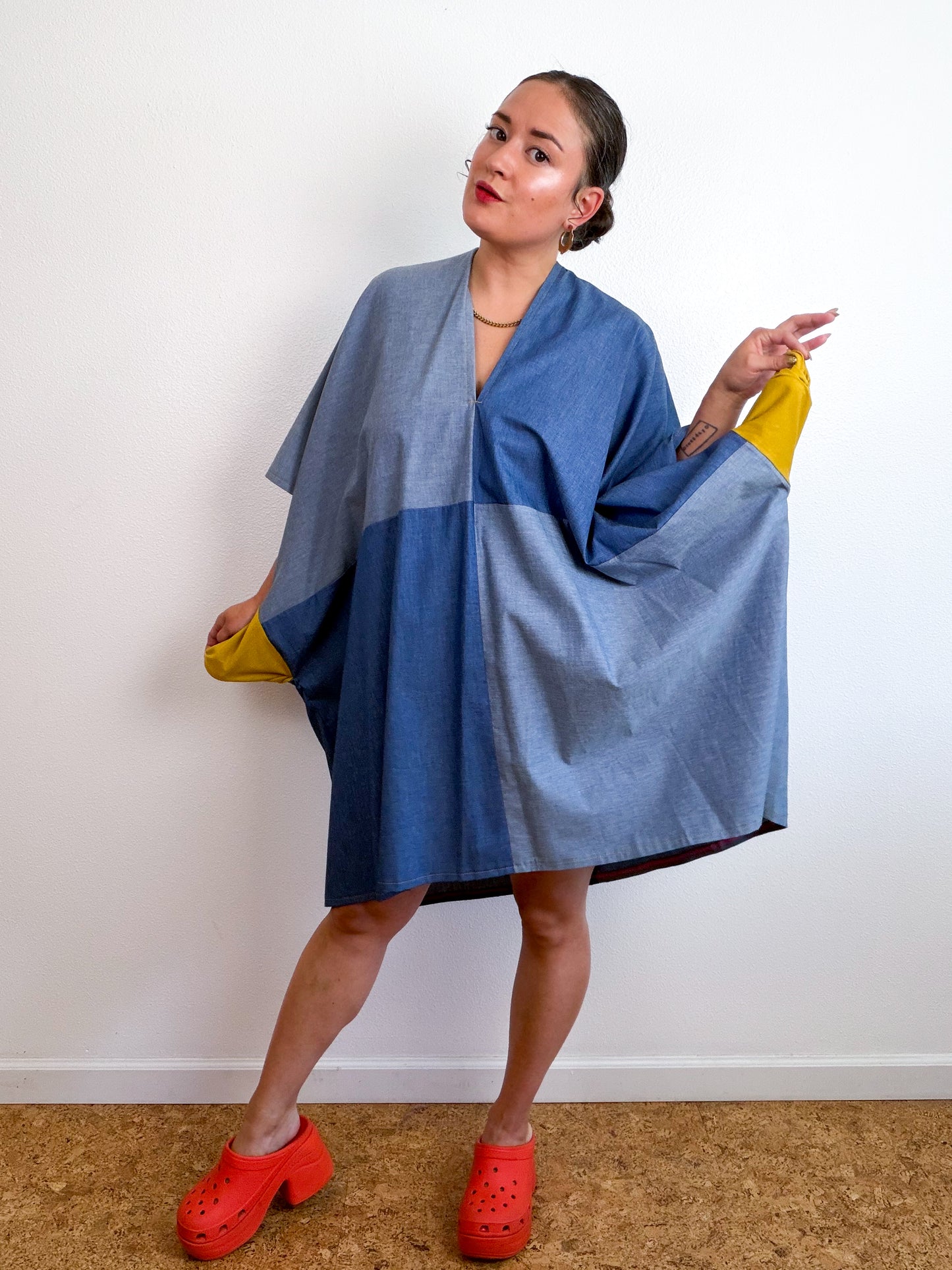 Cotton Chambray Caftan Dress Light Denim Color Block