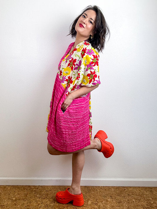 Color Block Mini Caftan Dress Red Floral Pink Stripe
