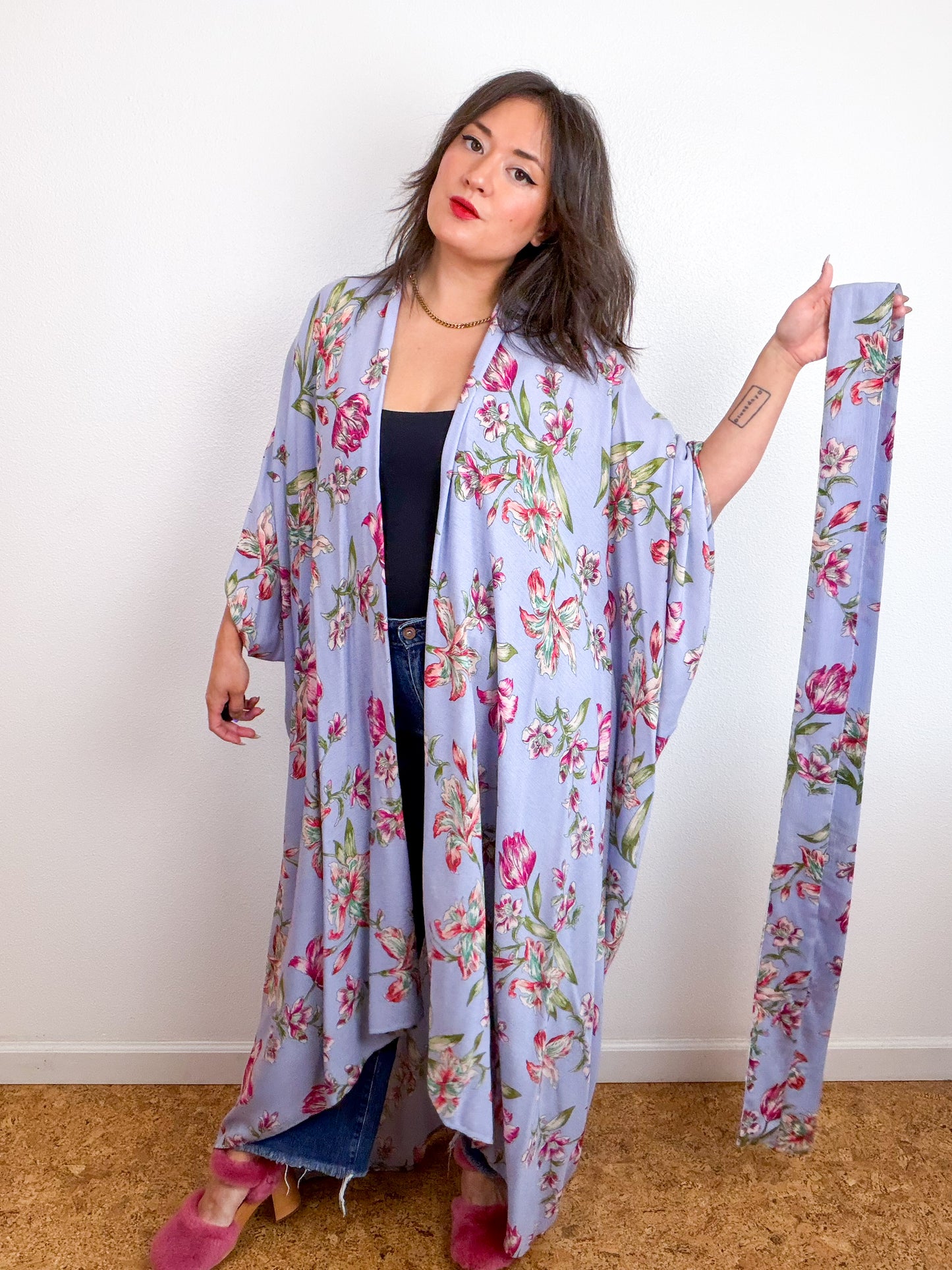 Print High Low Kimono Blue Freesia Crinkle Challis