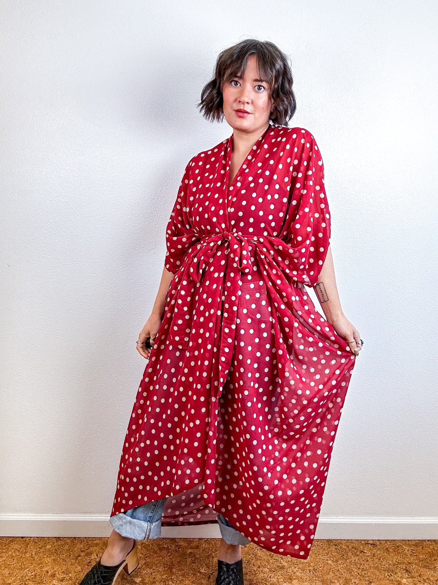Print High Low Kimono Burgundy Blush Dots Chiffon