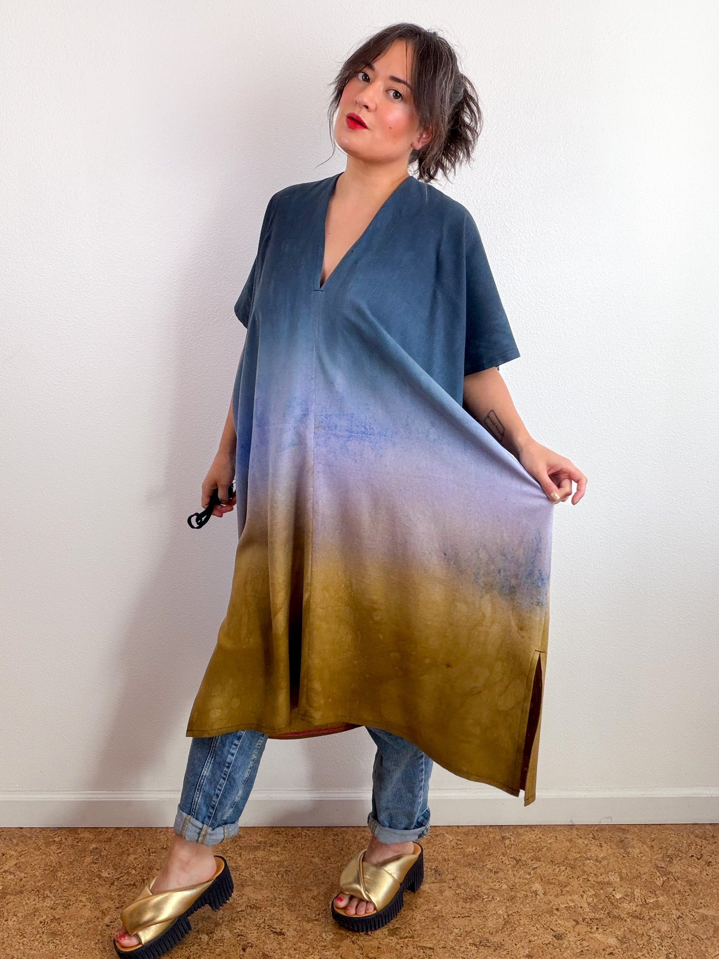 Hand-Dyed Linen Blend Caftan Dress Midi Length Raven Wisteria Bronze Gradient