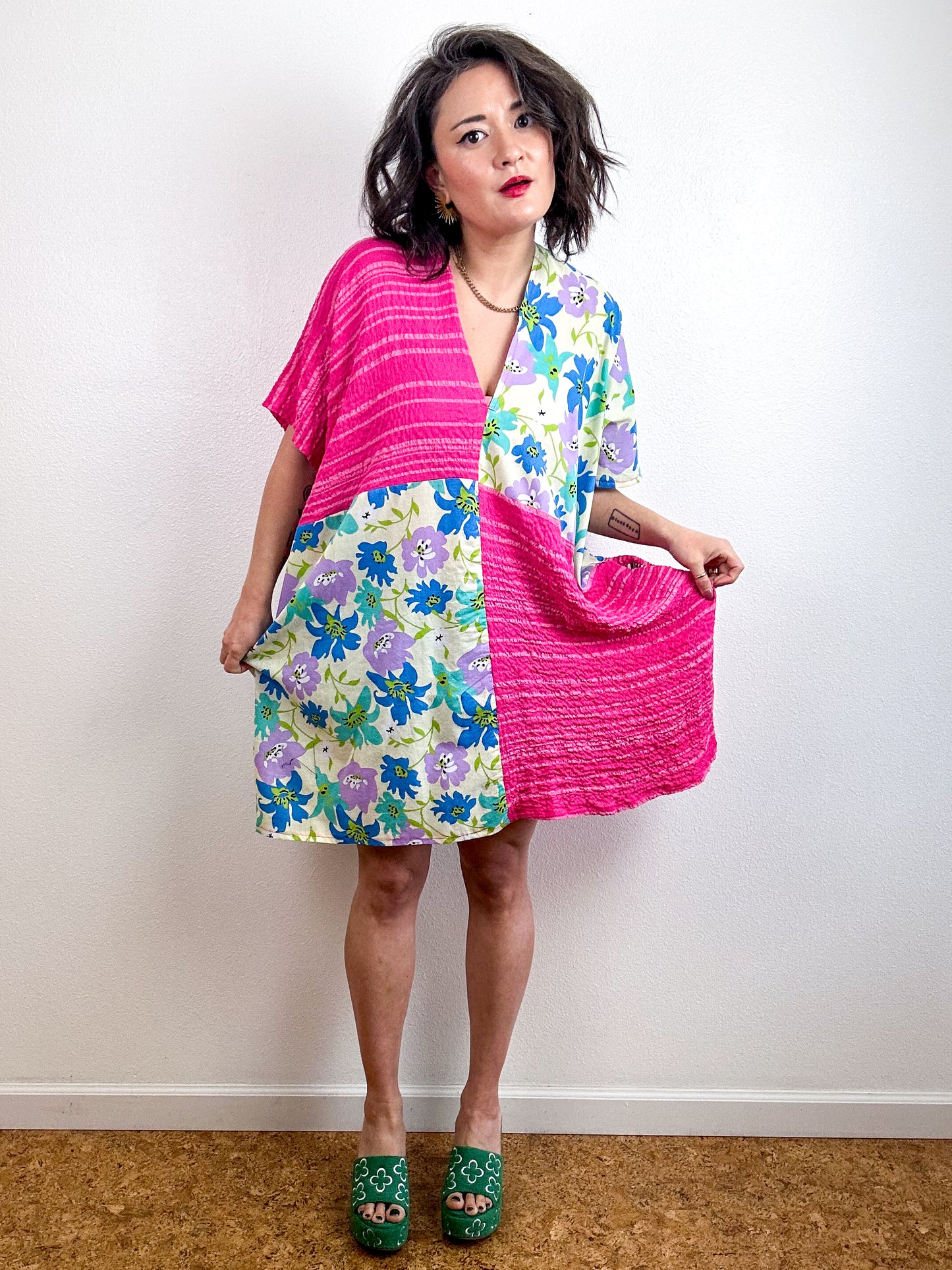Color Block Mini Caftan Dress Blue Floral Pink Stripe