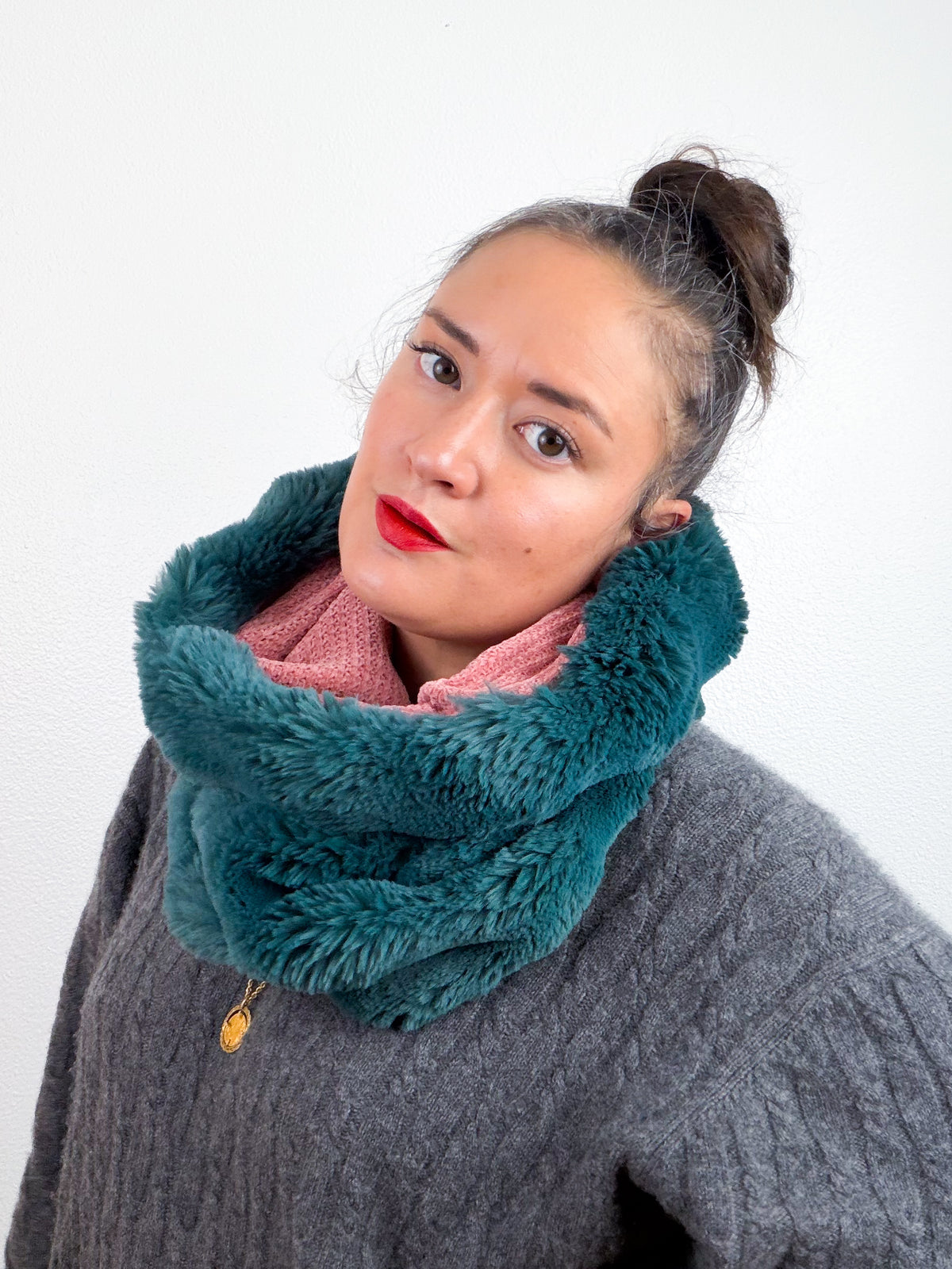Faux Fur Cowl Scarf Teal Rose