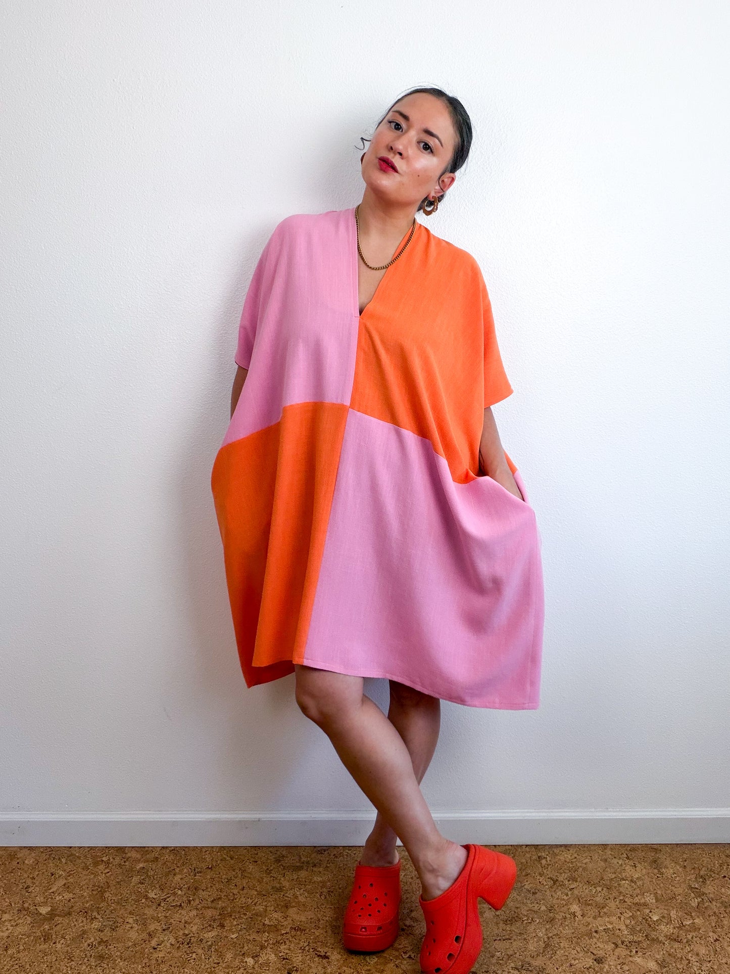 Linen Blend Caftan Dress Pink Orange Color Block