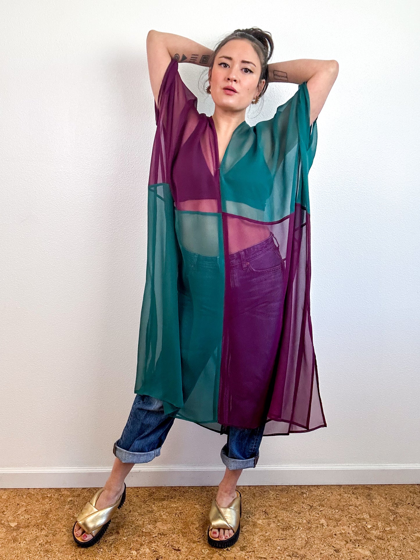 SILK Color Block Midi Caftan Dress Forest Maroon