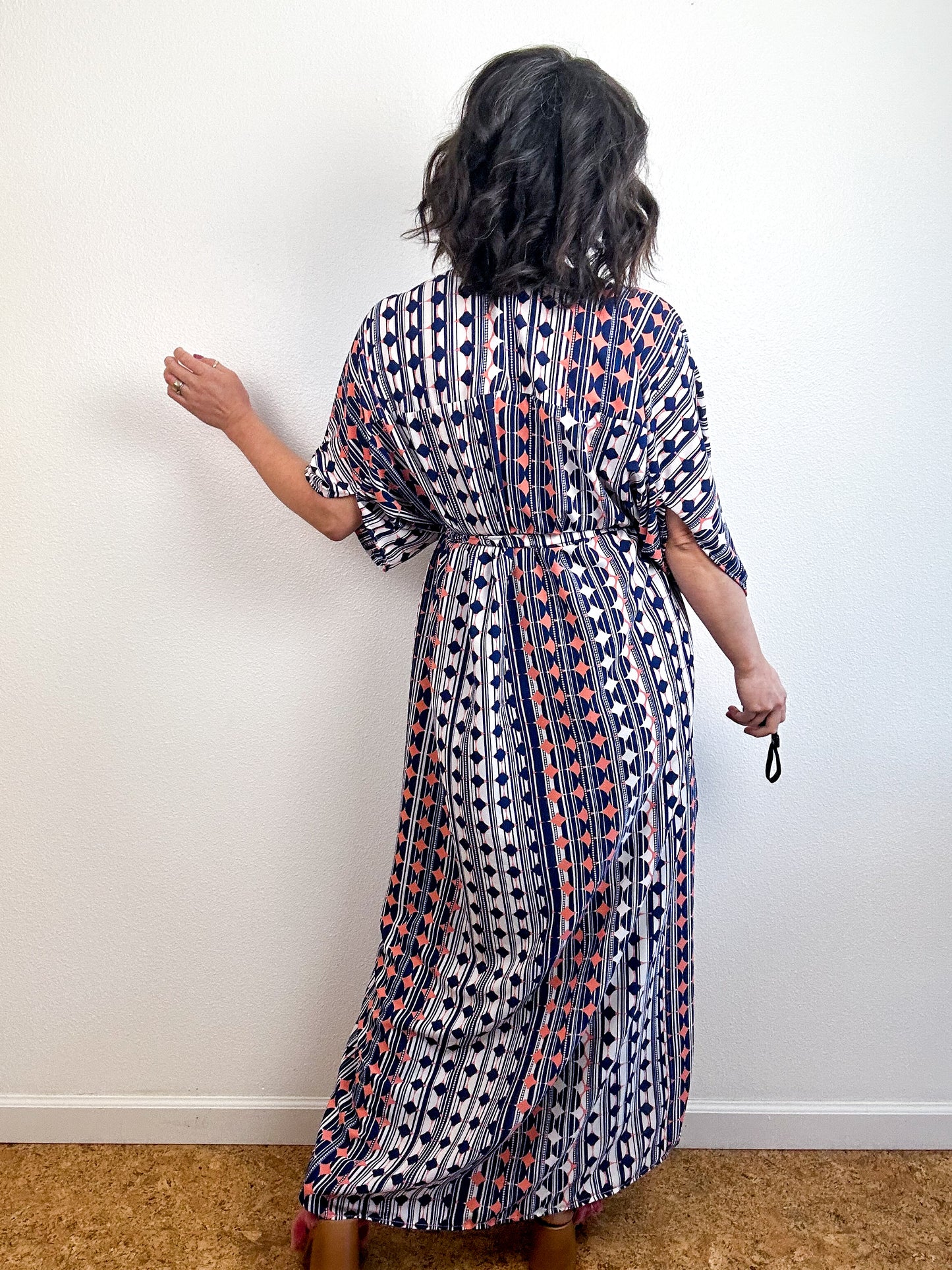 Print High Low Kimono Navy Peach Mod Circles Bubble Crepe