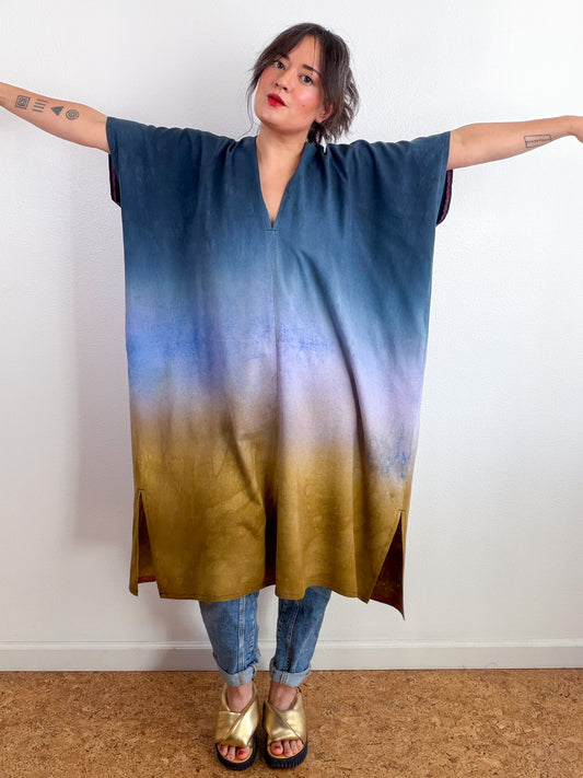Hand-Dyed Linen Blend Caftan Dress Midi Length Raven Wisteria Bronze Gradient