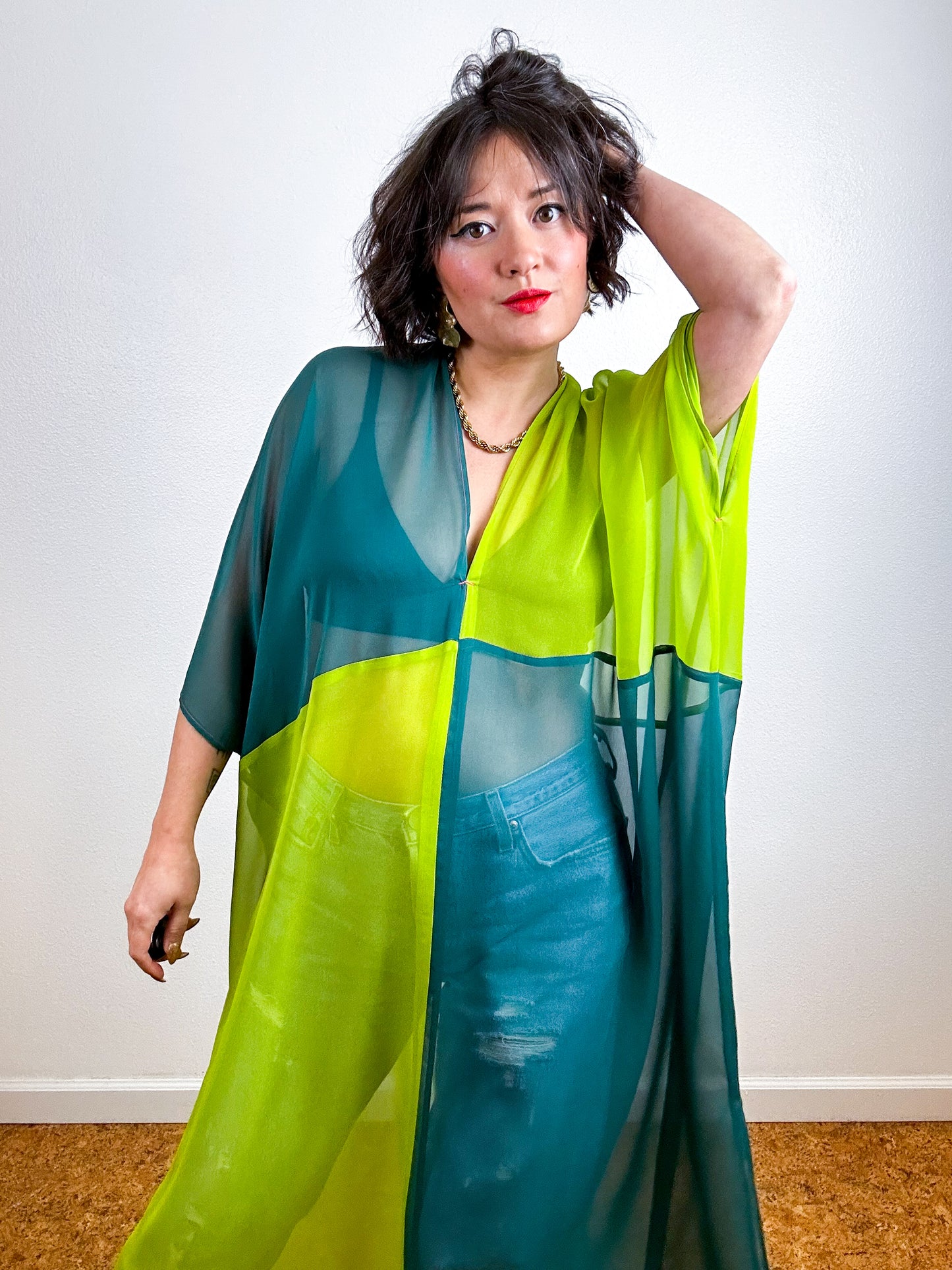 SILK Color Block Midi Caftan Dress Chartreuse Teal