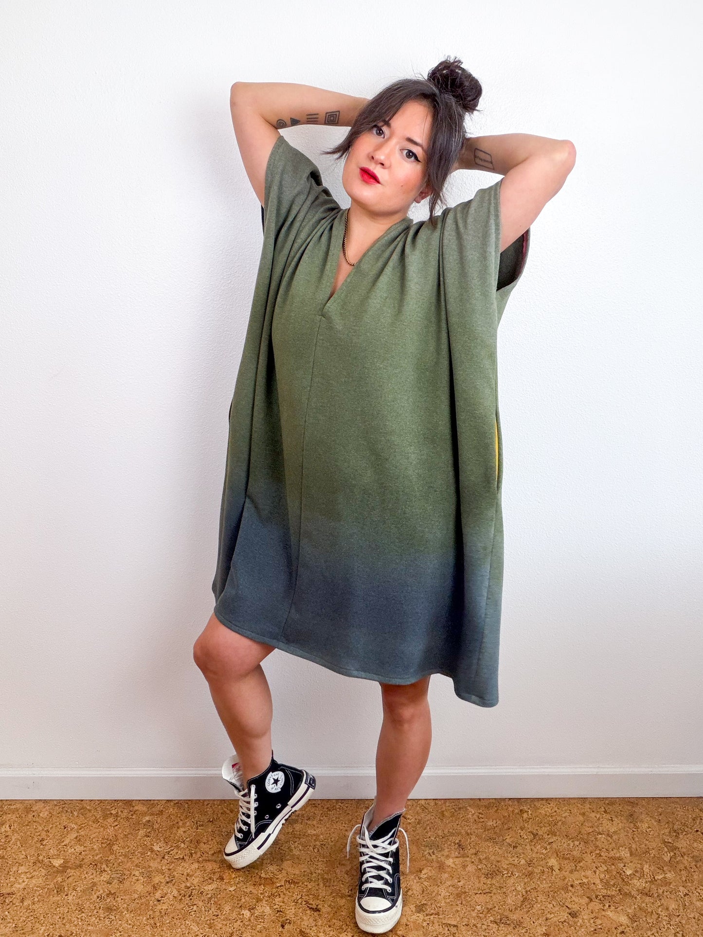 Hand-Dyed Sweatshirt Caftan Dress Olive Moss Charcoal Gradient