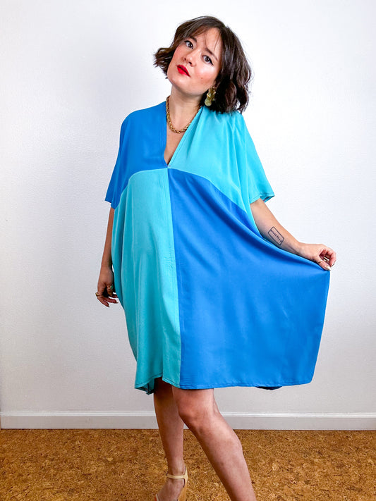 Color Block Mini Caftan Dress Turquoise Aqua