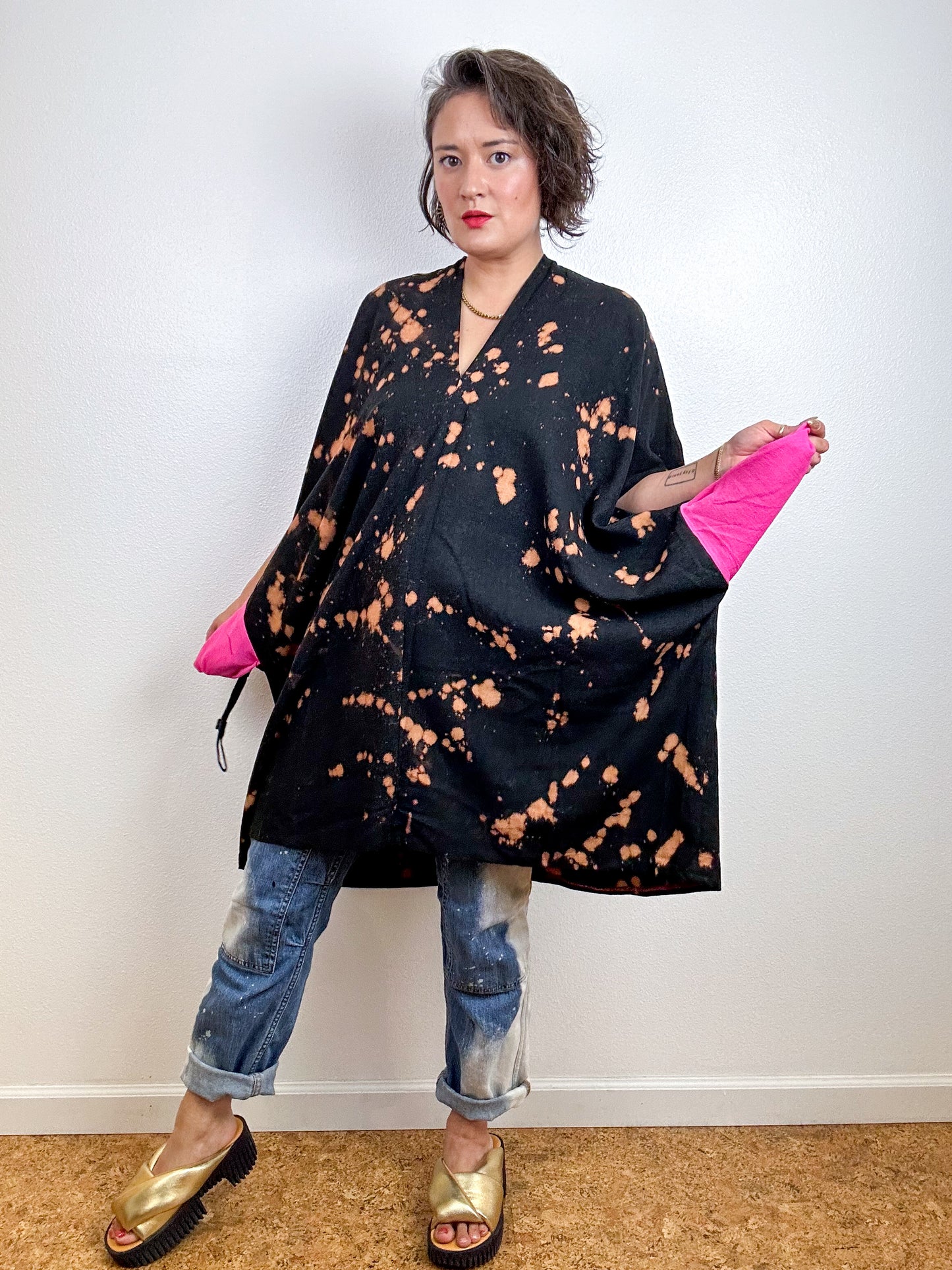 Oversized Hand-Dyed Linen Blend Smock Dress Black Bleach Speckle