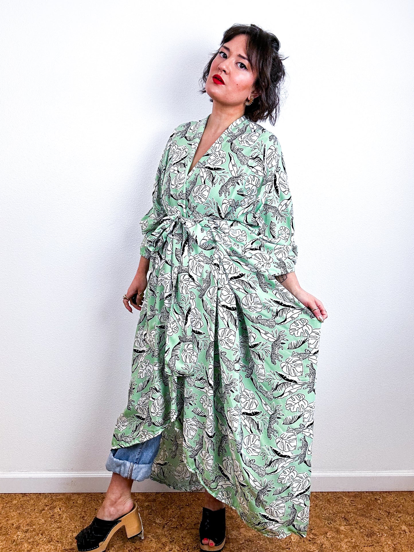 Print High Low Kimono Mint Cheetah Leaf Challis