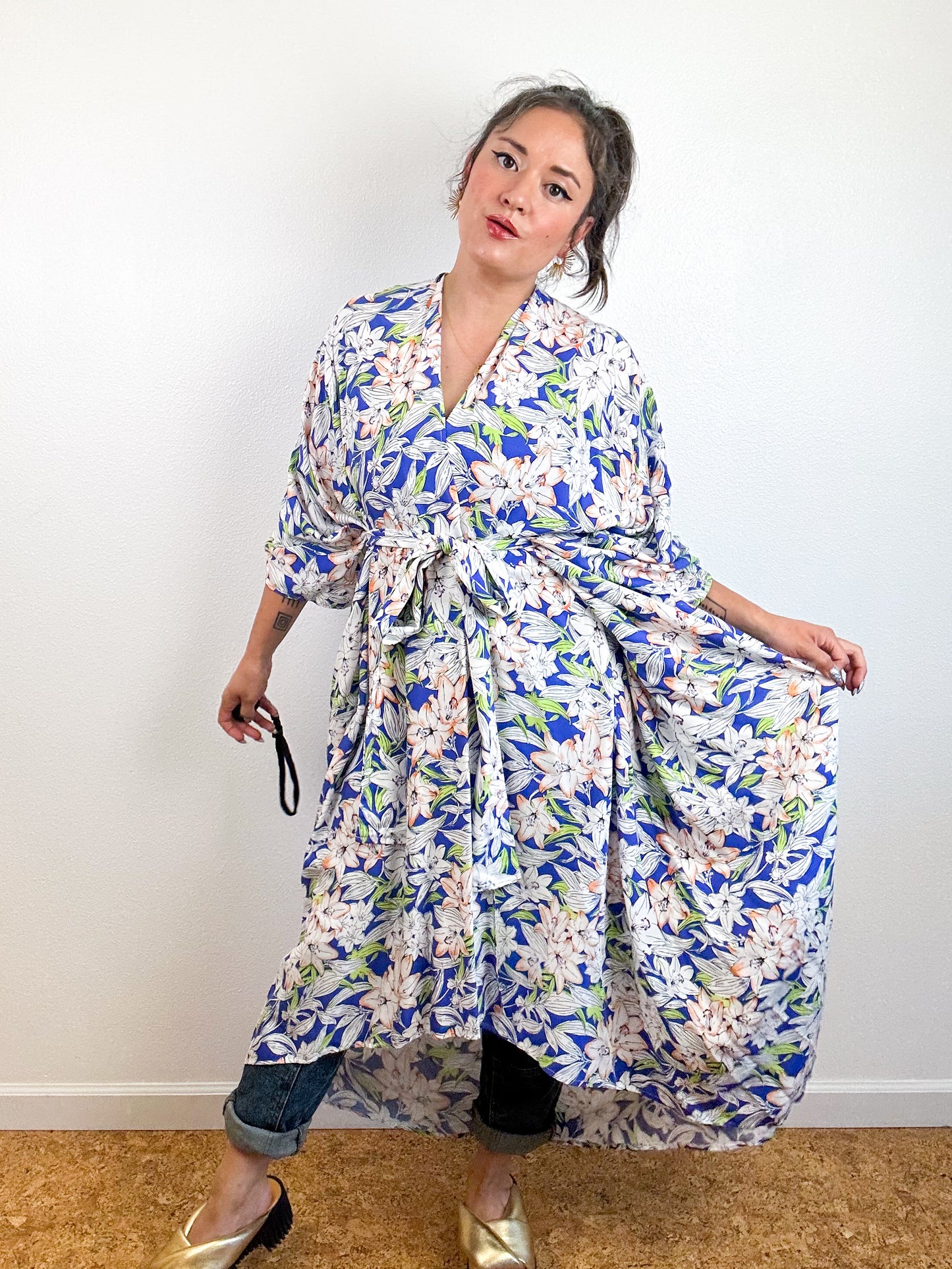 Print High Low Kimono Blue White Tropical Challis