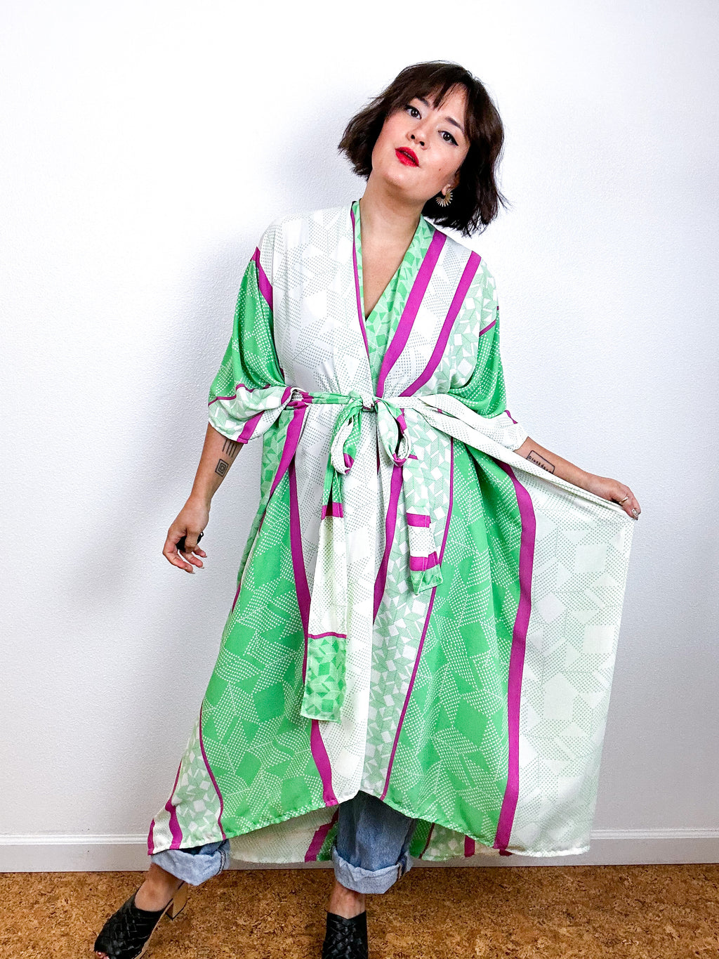 Print High Low Kimono Lime Magenta Ivory Georgette