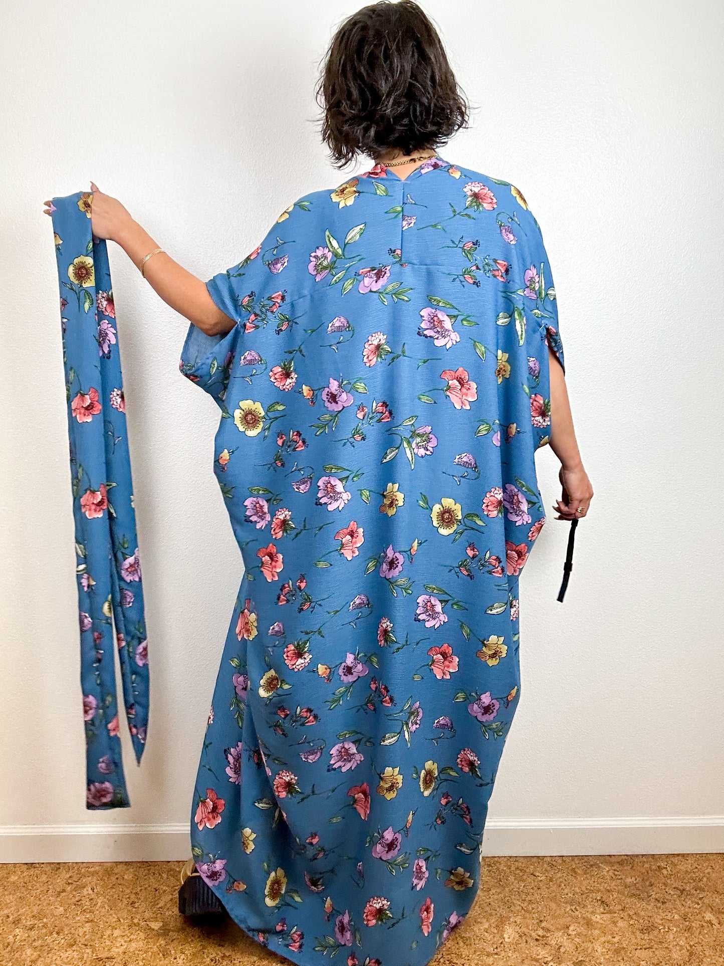 Print High Low Kimono Blue Scattered Floral Rayon Crepe