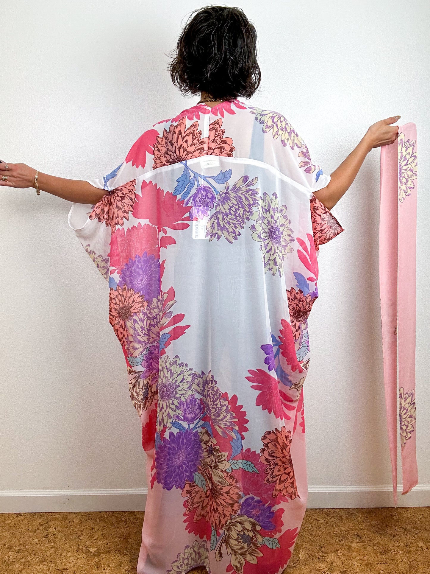 Print High Low Kimono Pink Chrysanthemum Chiffon